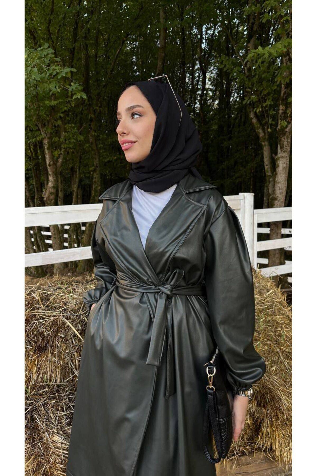 Kadın Belden Bağlamalı Balon Kol Deri Trenç