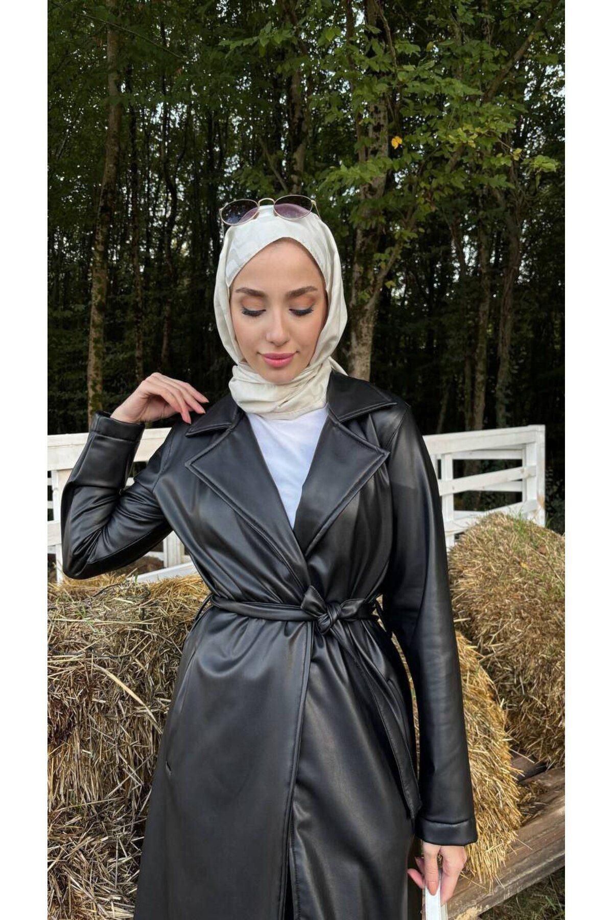 Kadın Belden Bağlamalı Balon Kol Deri Trenç