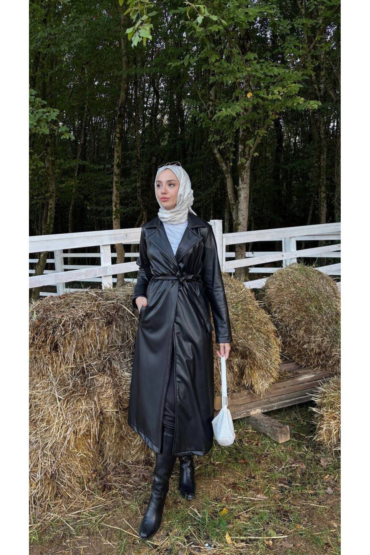 Kadın Belden Bağlamalı Balon Kol Deri Trenç