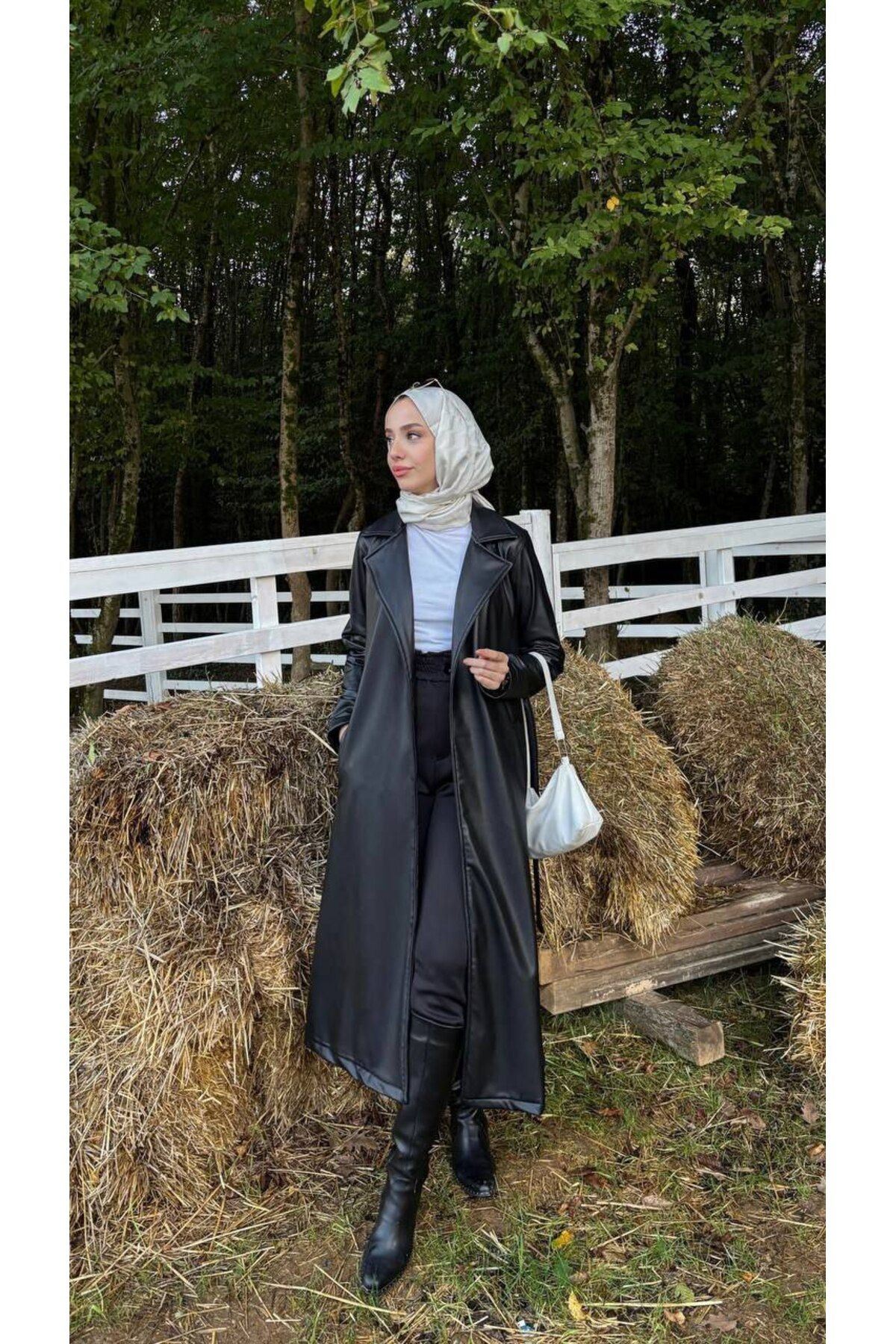 Kadın Belden Bağlamalı Balon Kol Deri Trenç