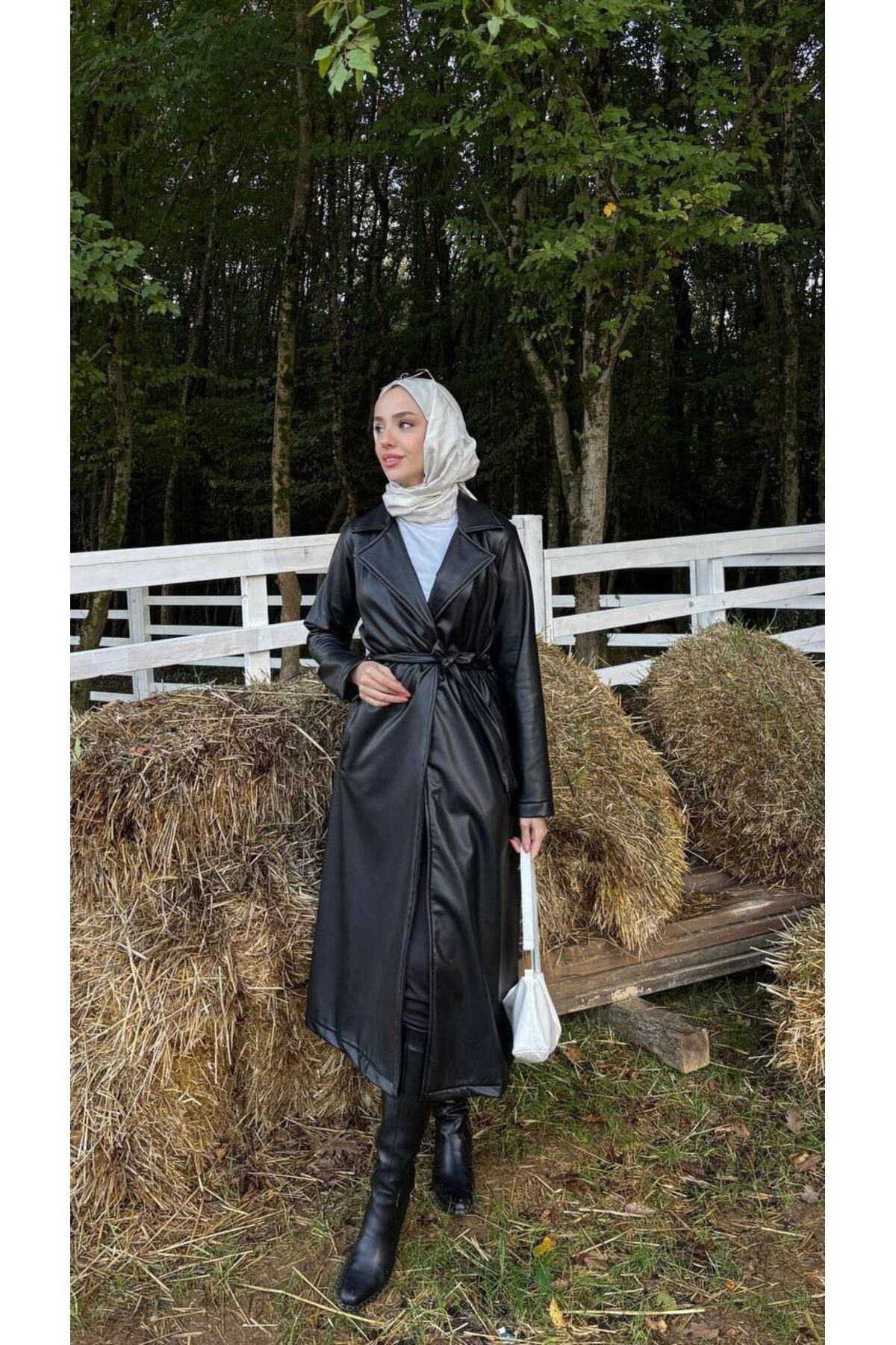 Kadın Belden Bağlamalı Balon Kol Deri Trenç