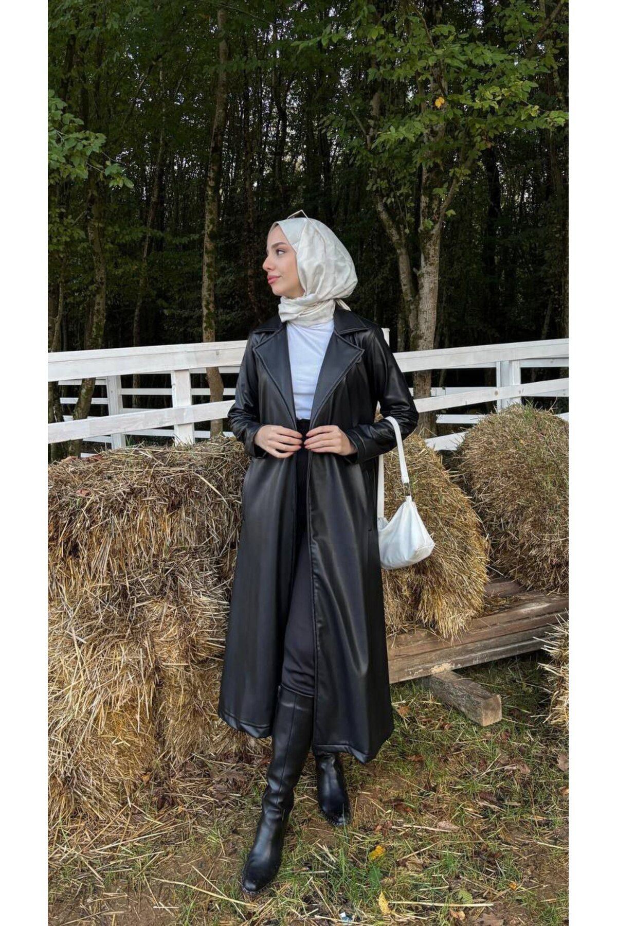 Kadın Belden Bağlamalı Balon Kol Deri Trenç