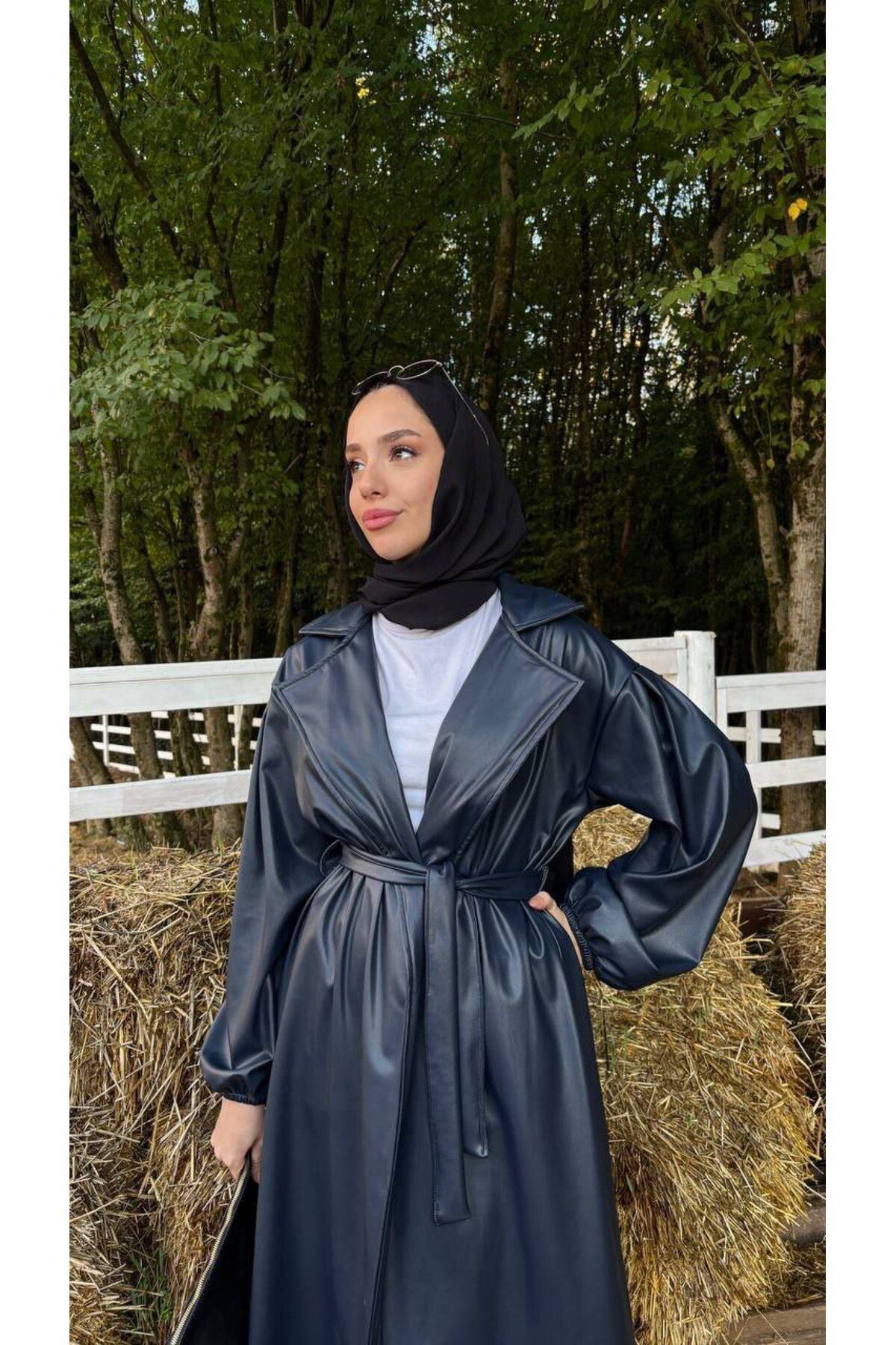 Kadın Belden Bağlamalı Balon Kol Deri Trenç