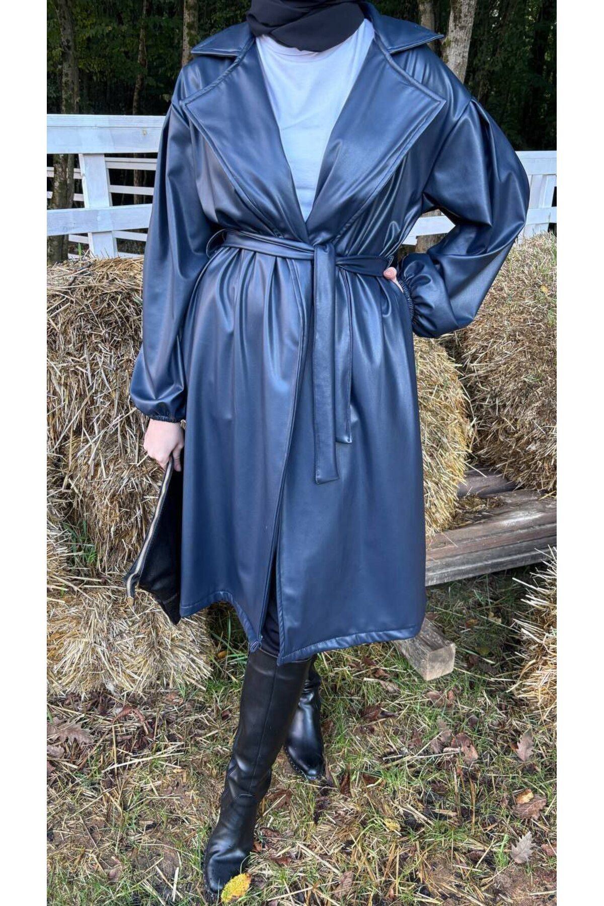 Kadın Belden Bağlamalı Balon Kol Deri Trenç