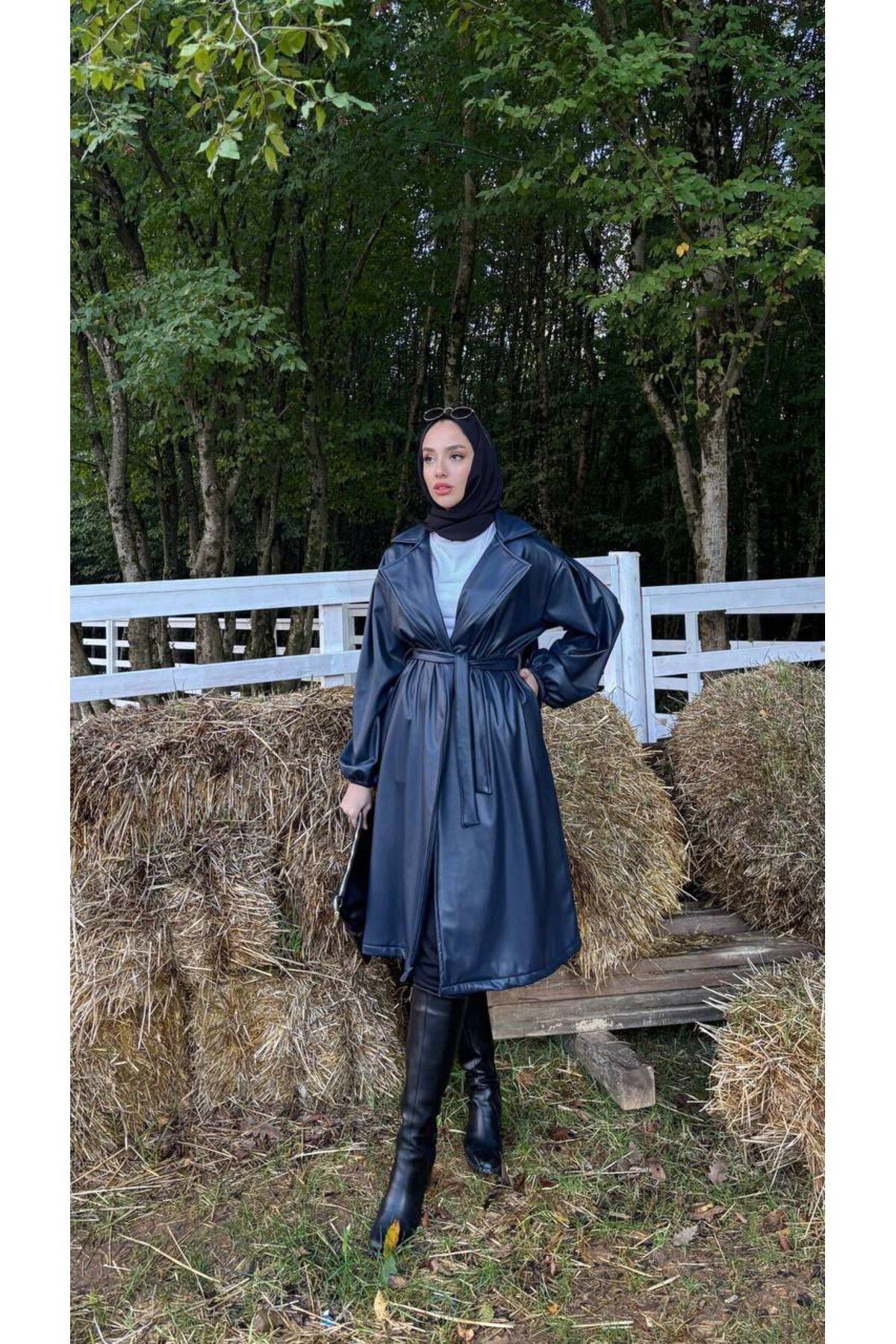 Kadın Belden Bağlamalı Balon Kol Deri Trenç