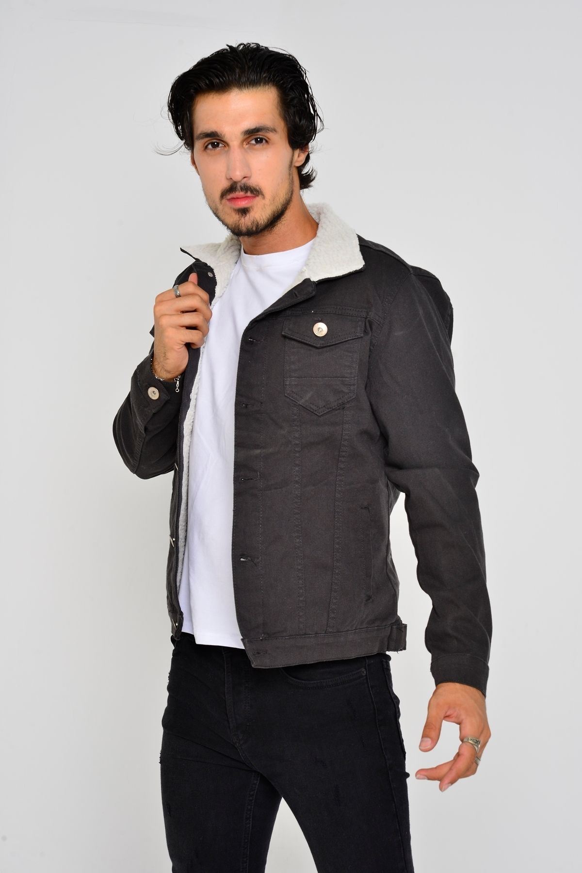 Erkek Trend Kışlık Içi Kürklü Kot Ceket Antrasit