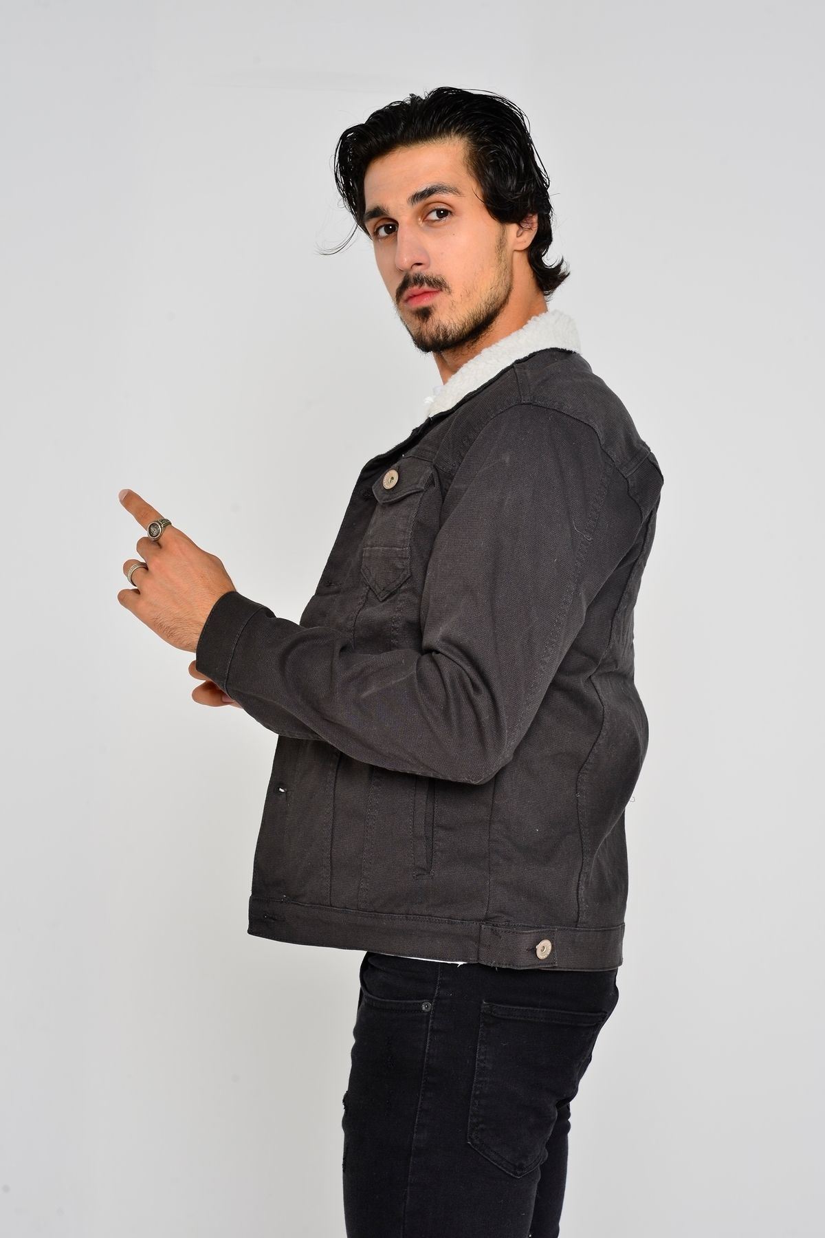 Erkek Trend Kışlık Içi Kürklü Kot Ceket Antrasit