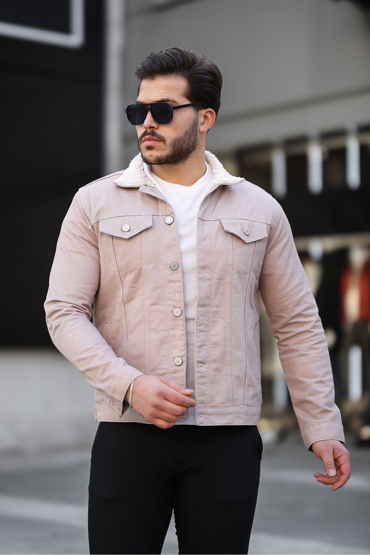 Erkek Trend Kışlık Içi Kürklü Kot Ceket Bej