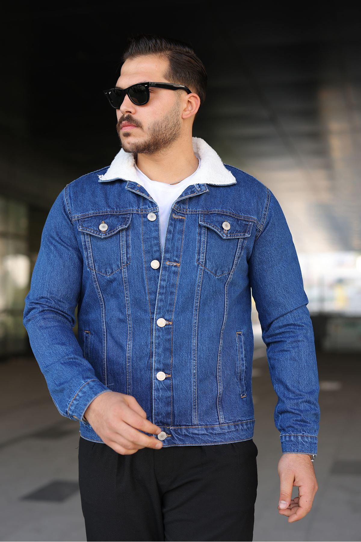 Erkek Trend Kışlık Içi Kürklü K.Mavi Kot Ceket