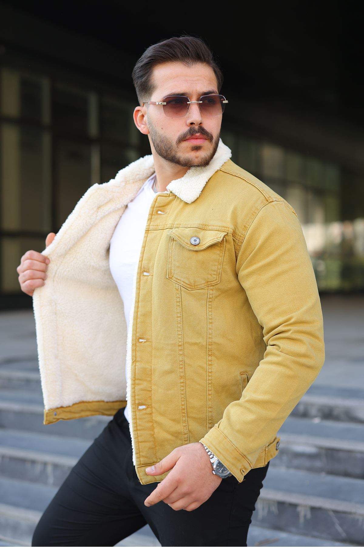 Erkek Trend Kışlık Içi Kürklü Sarı Kot Ceket