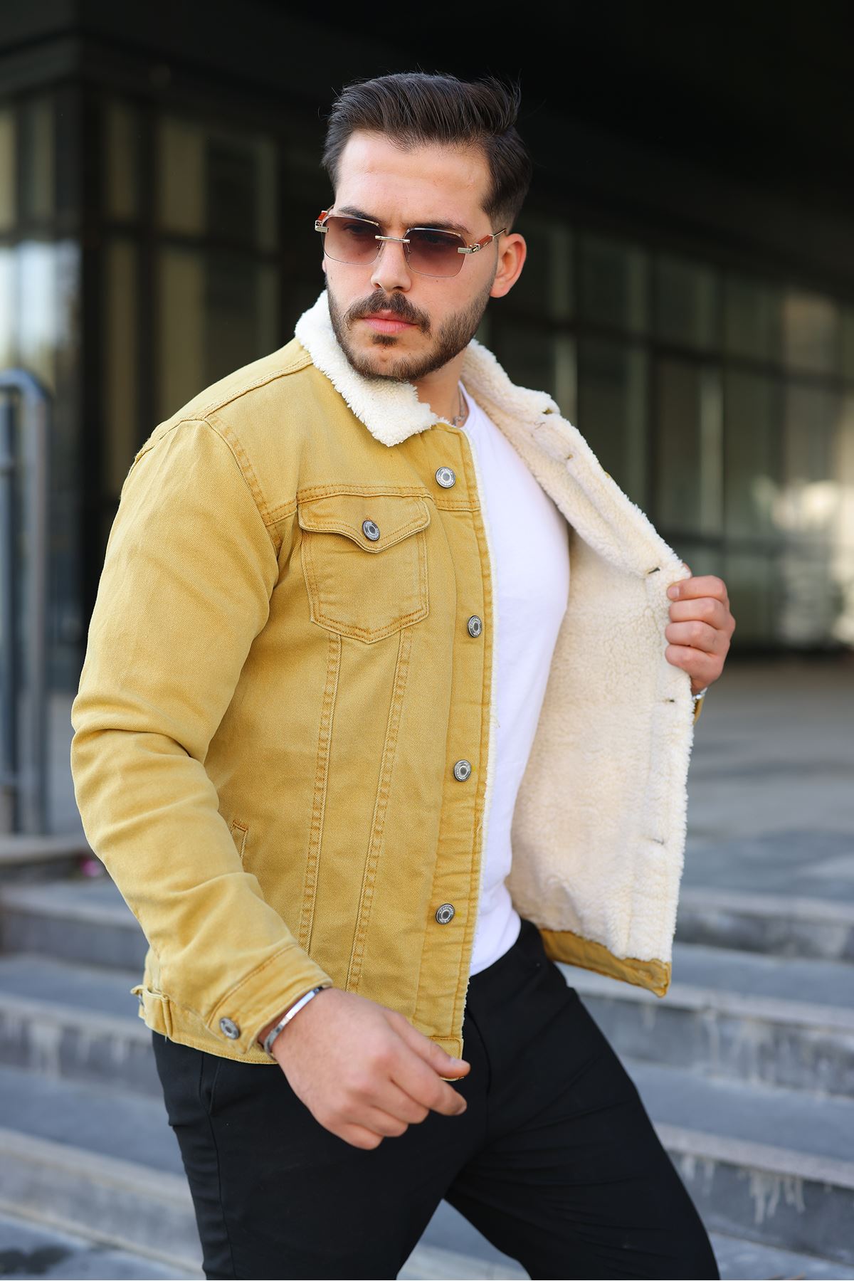 Erkek Trend Kışlık Içi Kürklü Sarı Kot Ceket