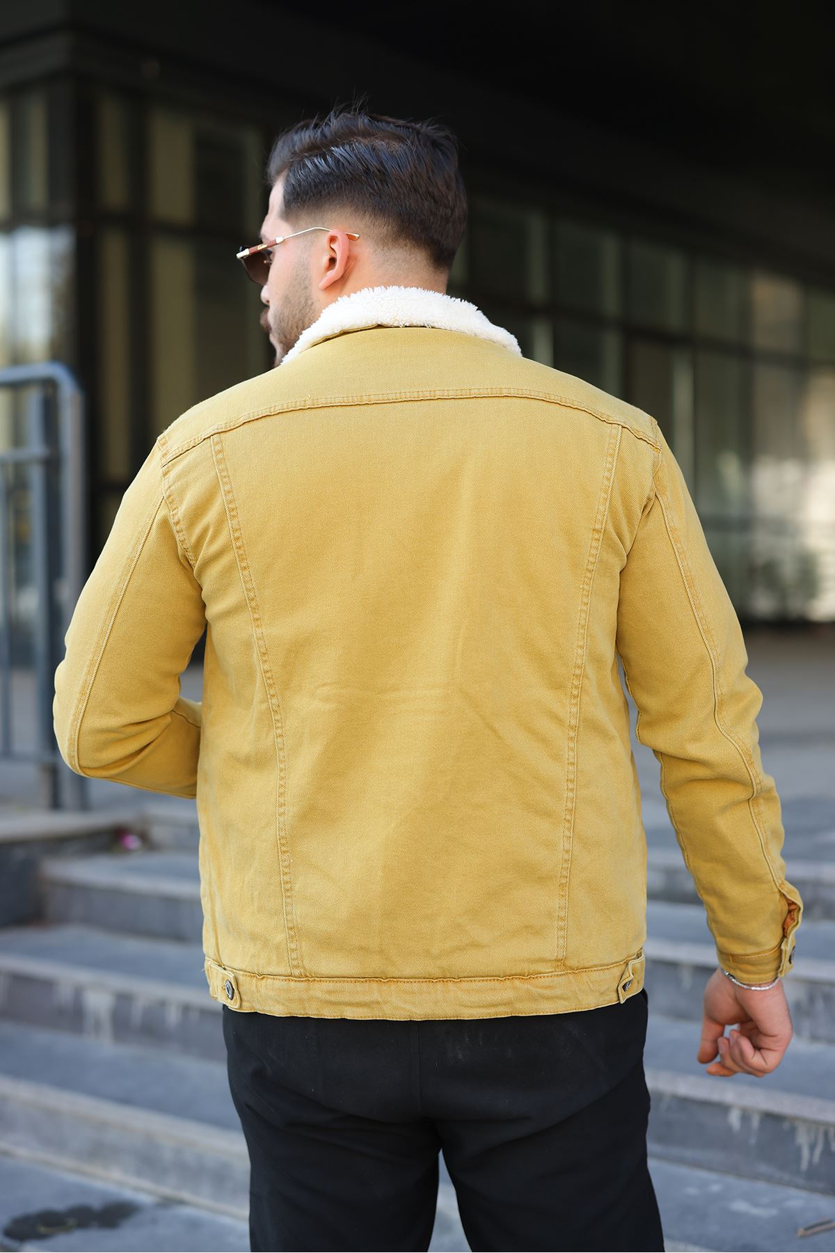 Erkek Trend Kışlık Içi Kürklü Sarı Kot Ceket