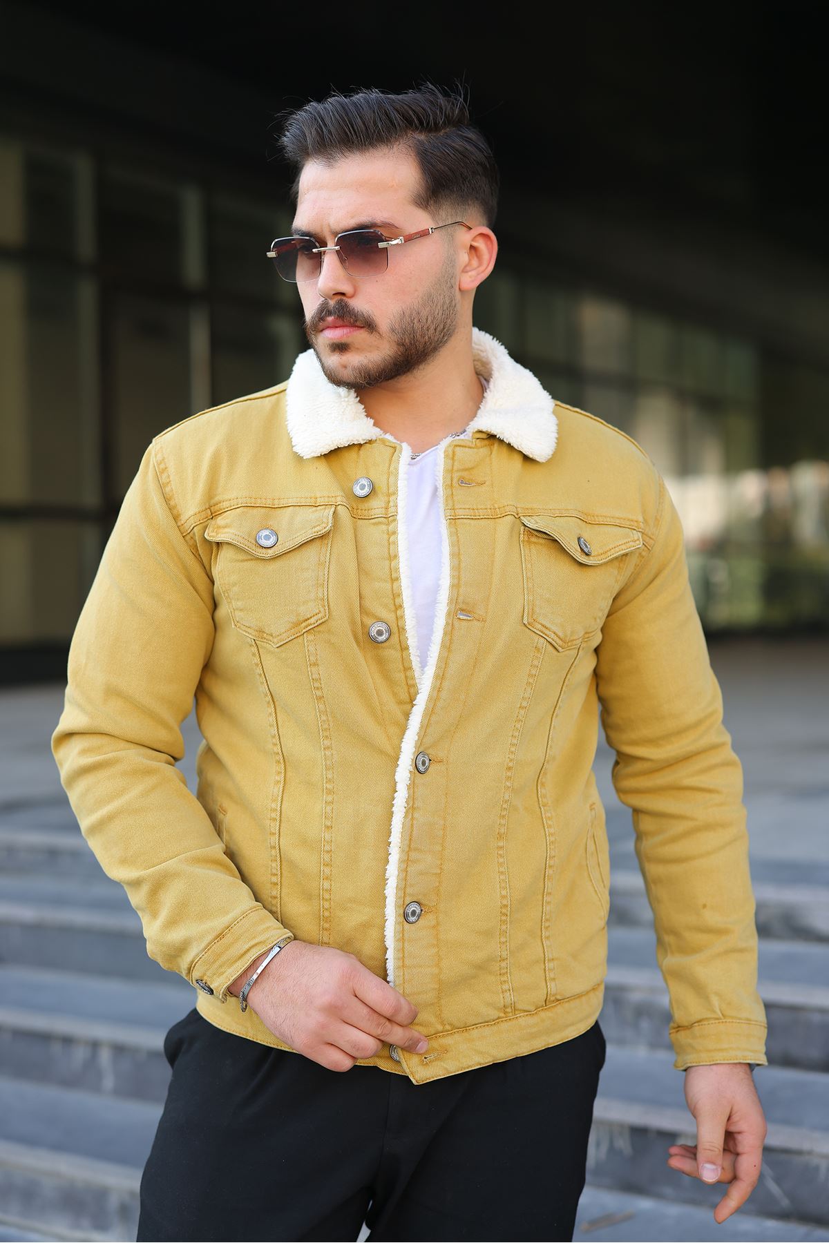 Erkek Trend Kışlık Içi Kürklü Sarı Kot Ceket