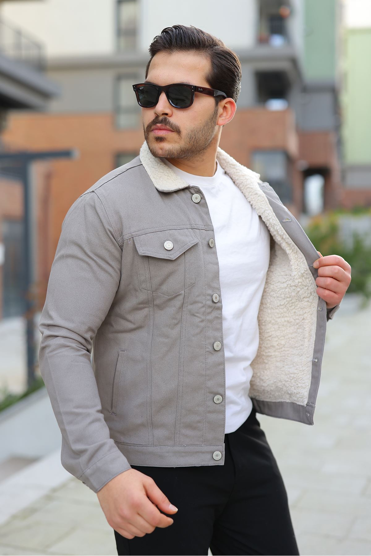 Erkek Trend Kışlık Içi Kürklü Gri Kot Ceket