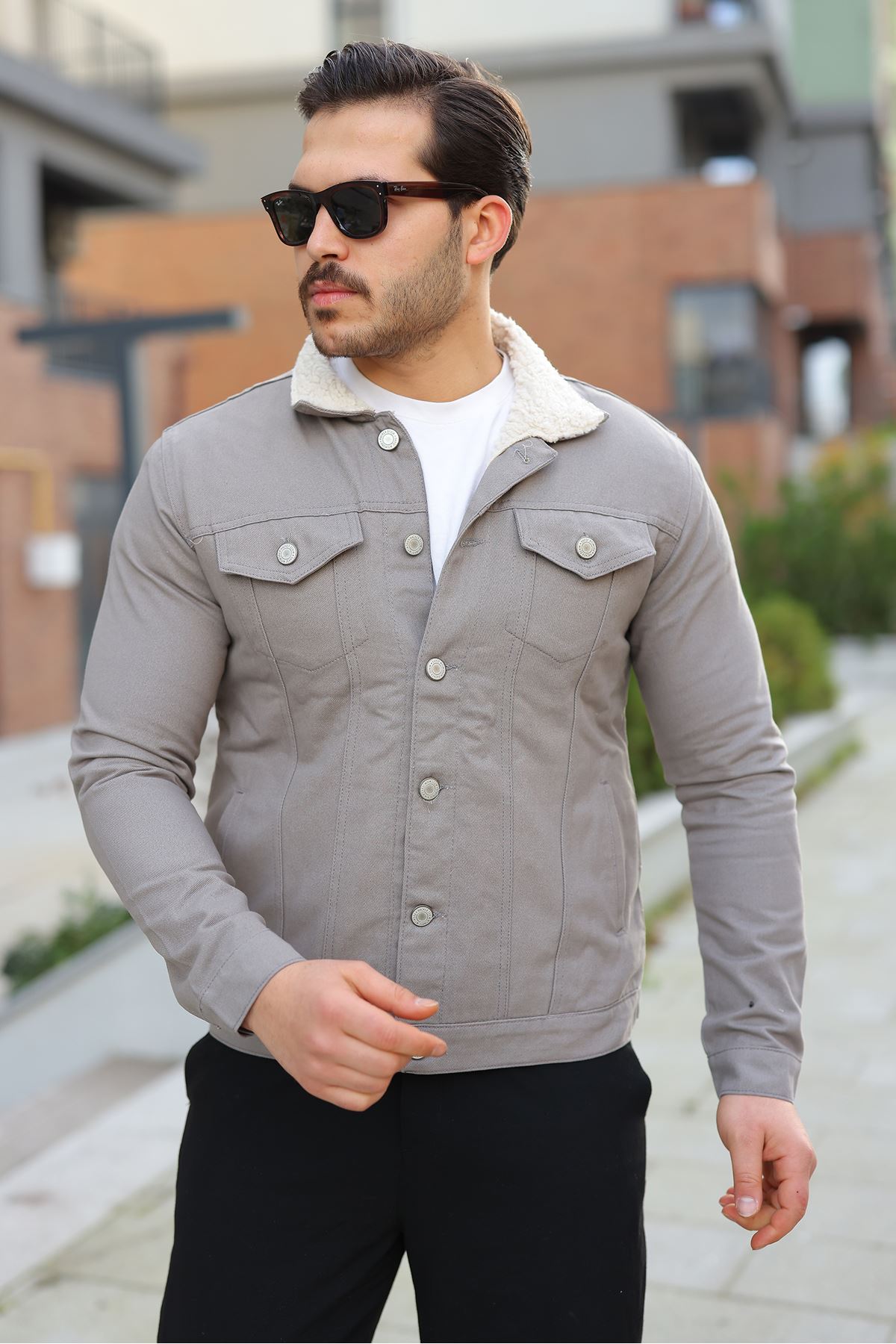 Erkek Trend Kışlık Içi Kürklü Gri Kot Ceket