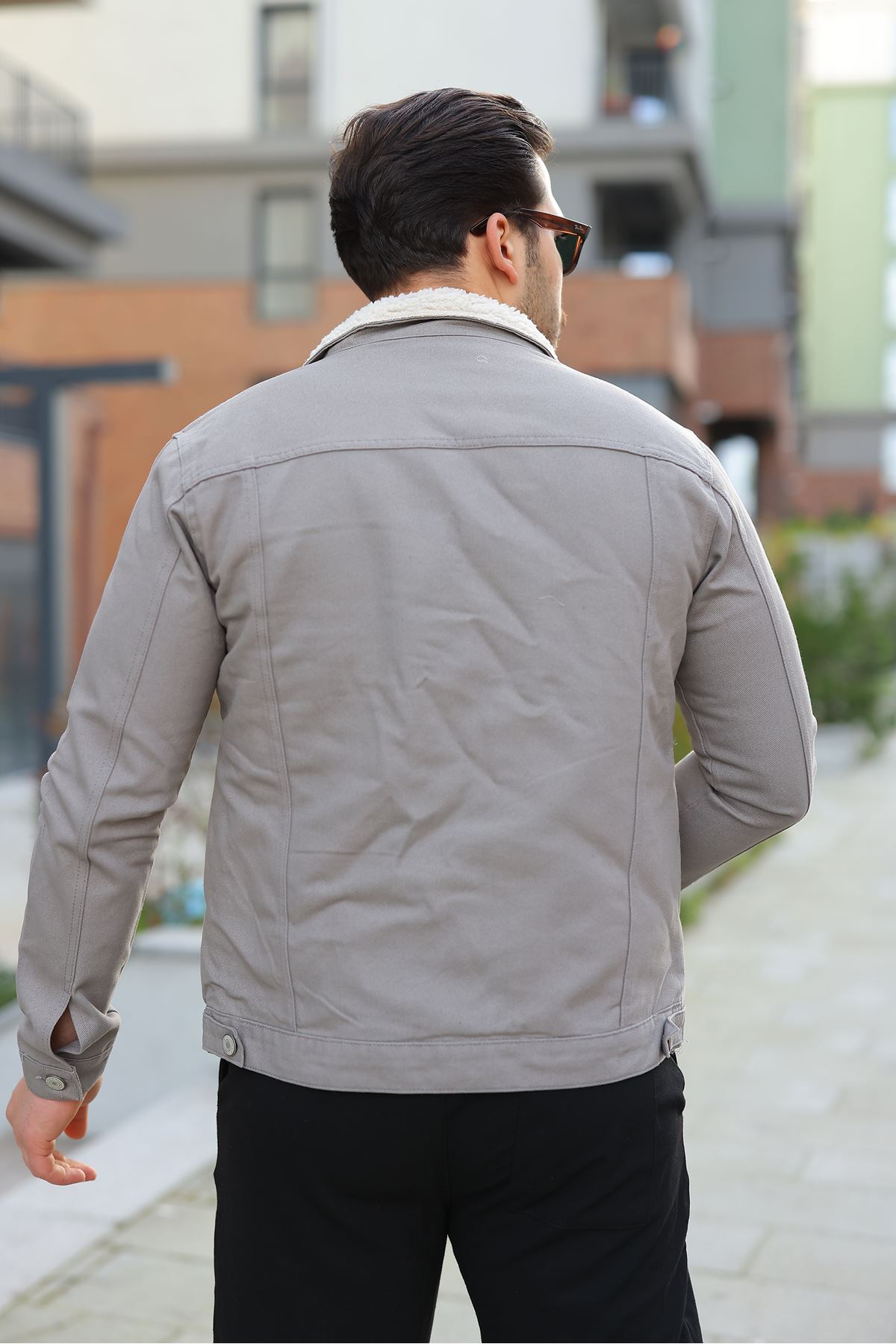 Erkek Trend Kışlık Içi Kürklü Gri Kot Ceket