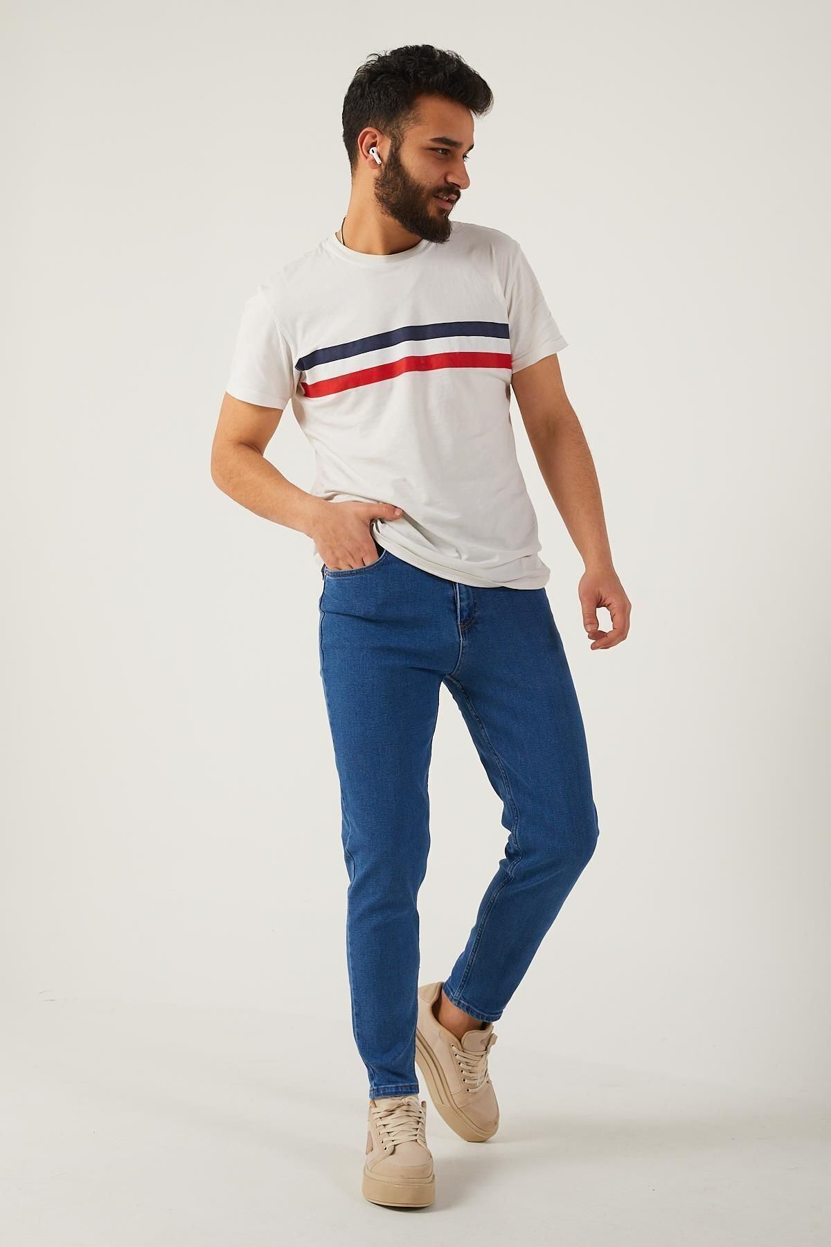 Erkek Likralı Jean Boyfriend Denim Mavi Kot Pantolon