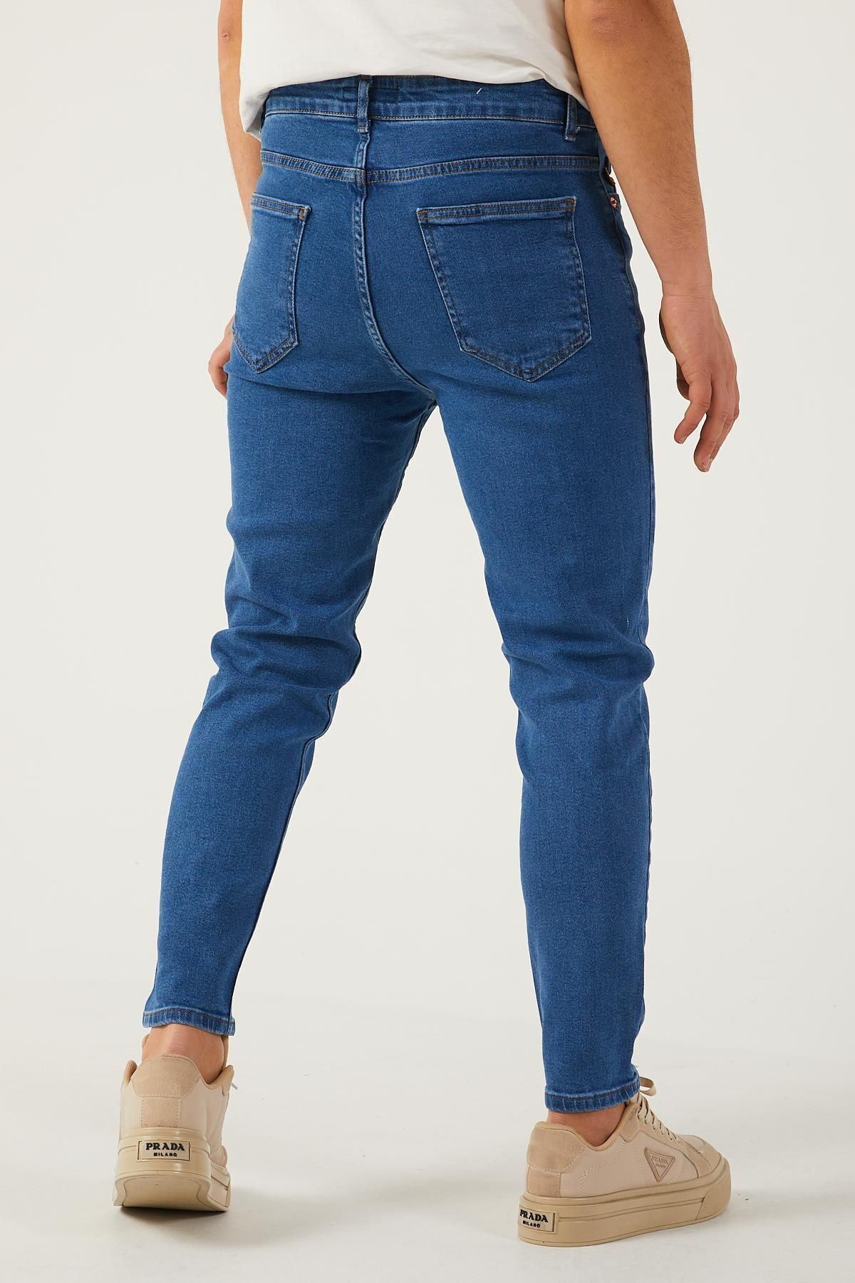 Erkek Likralı Jean Boyfriend Denim Mavi Kot Pantolon