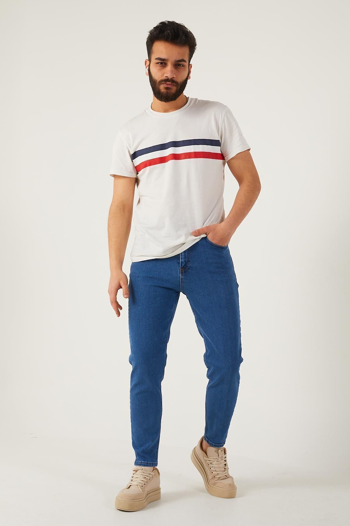 Erkek Likralı Jean Boyfriend Denim Mavi Kot Pantolon