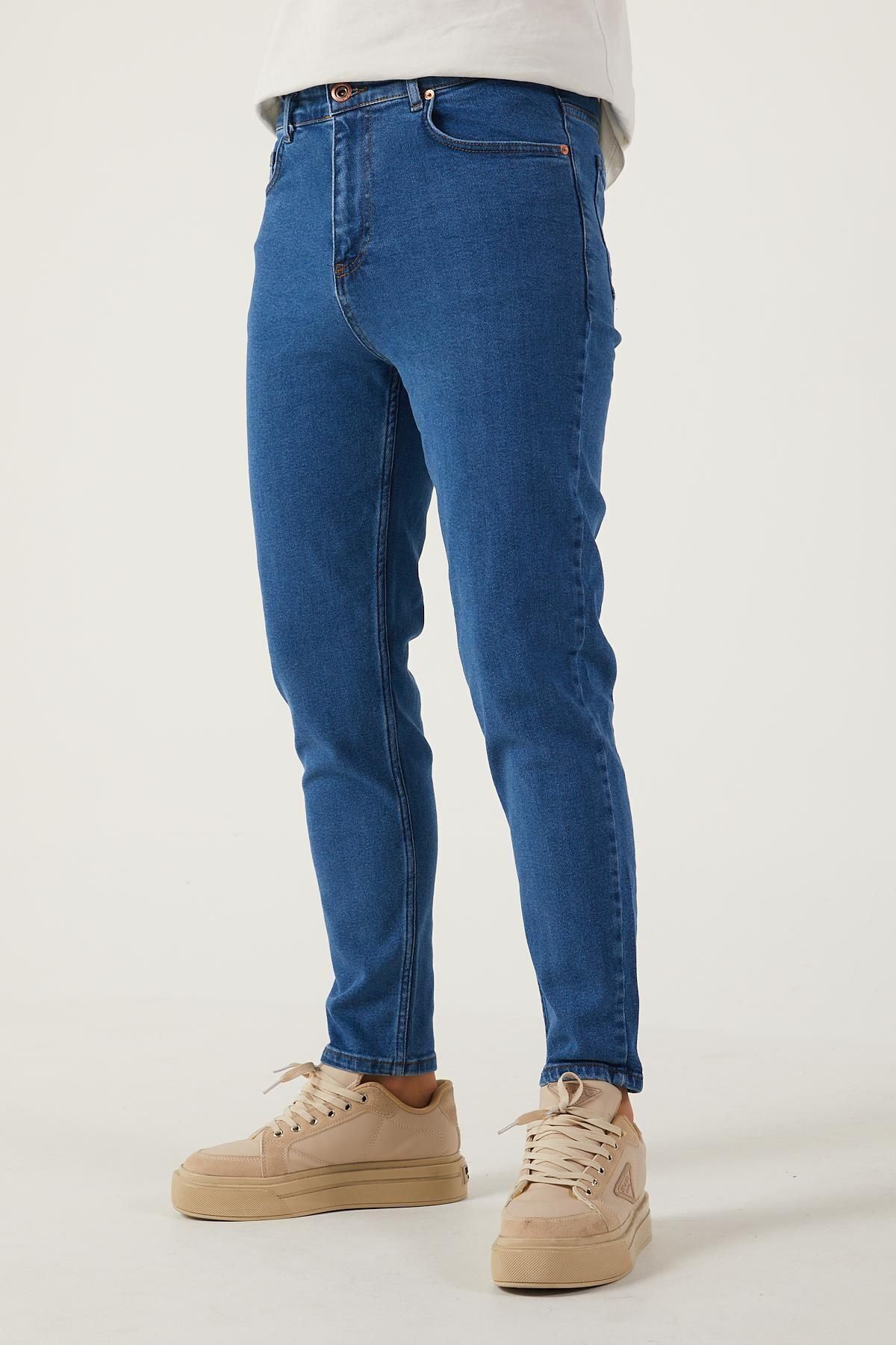 Erkek Likralı Jean Boyfriend Denim Mavi Kot Pantolon