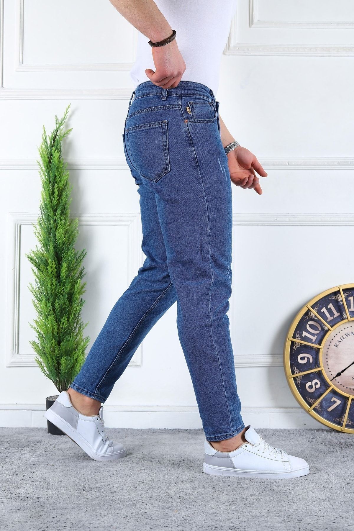 Erkek Likralı Jean Boyfriend Denim Koyu Mavi Kot Pantolon