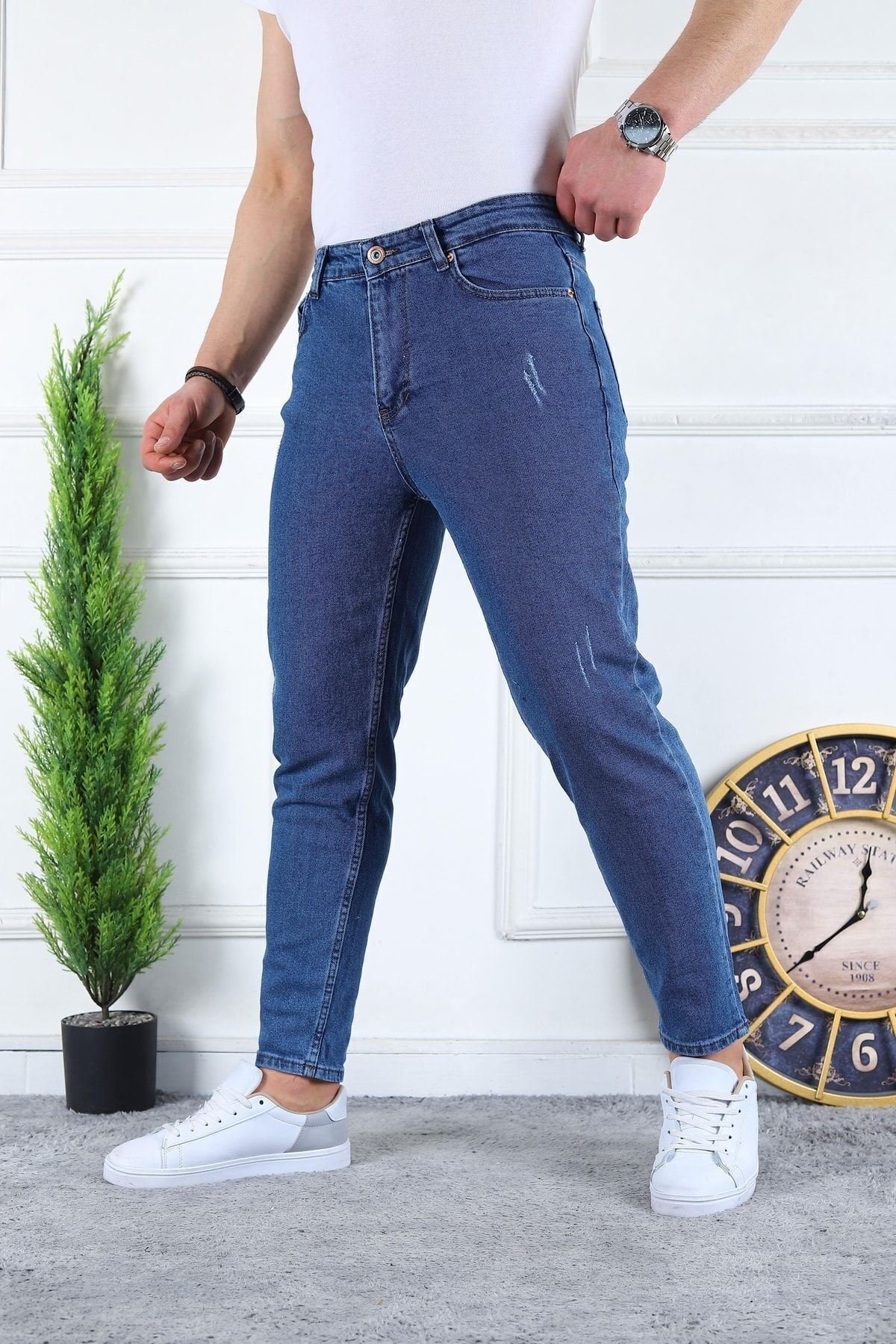 Erkek Likralı Jean Boyfriend Denim Koyu Mavi Kot Pantolon