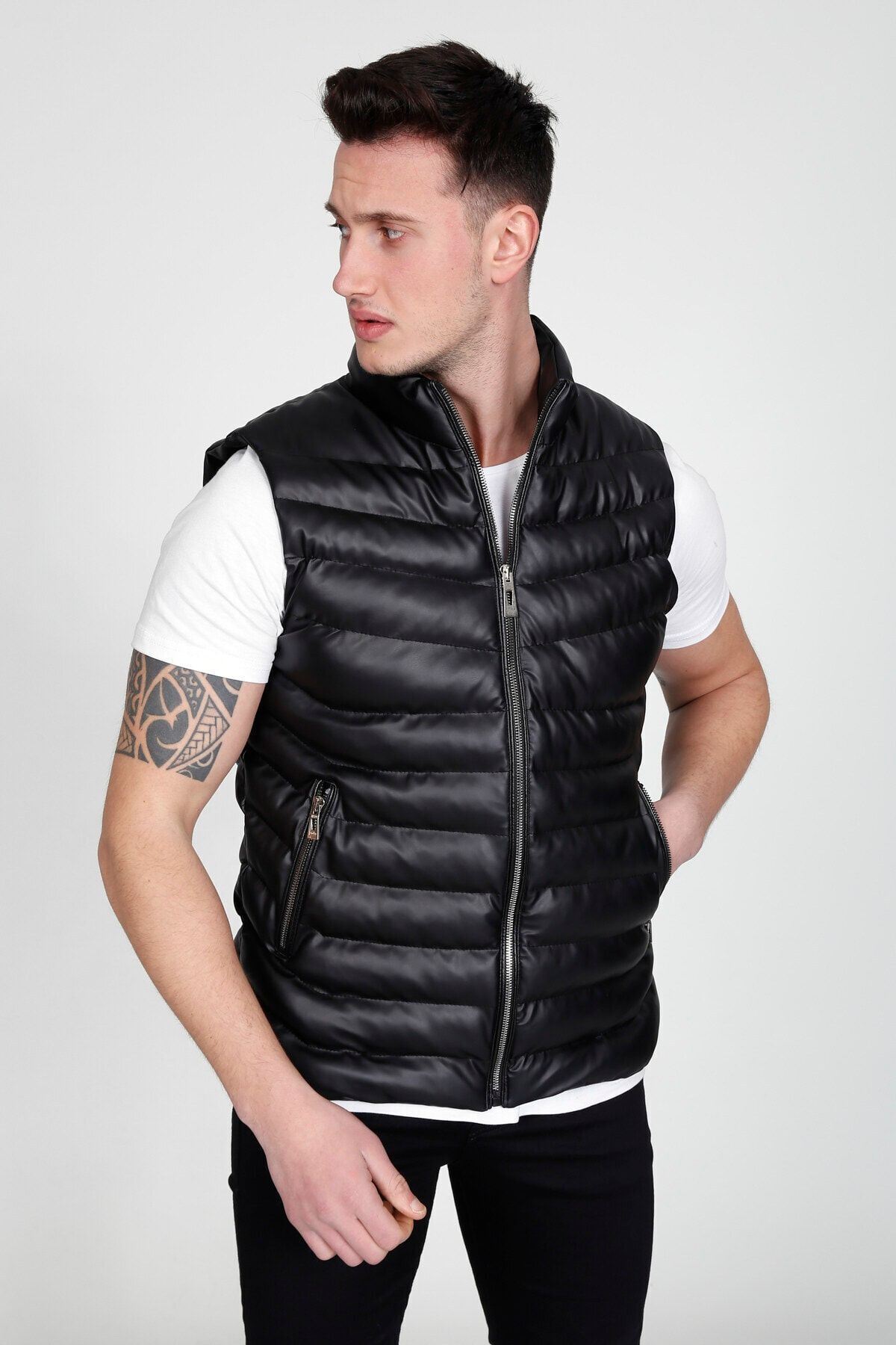 Erkek Siyah Deri Şişme Yelek