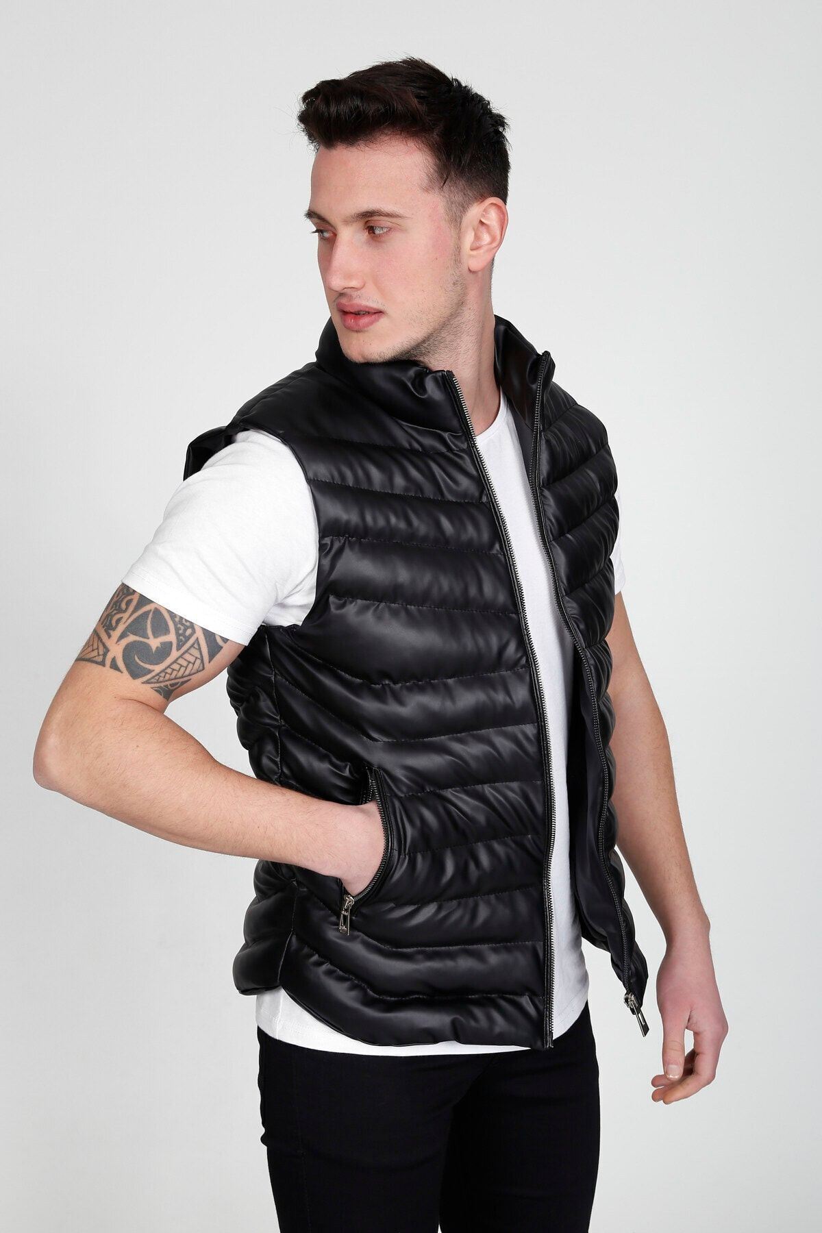 Erkek Siyah Deri Şişme Yelek