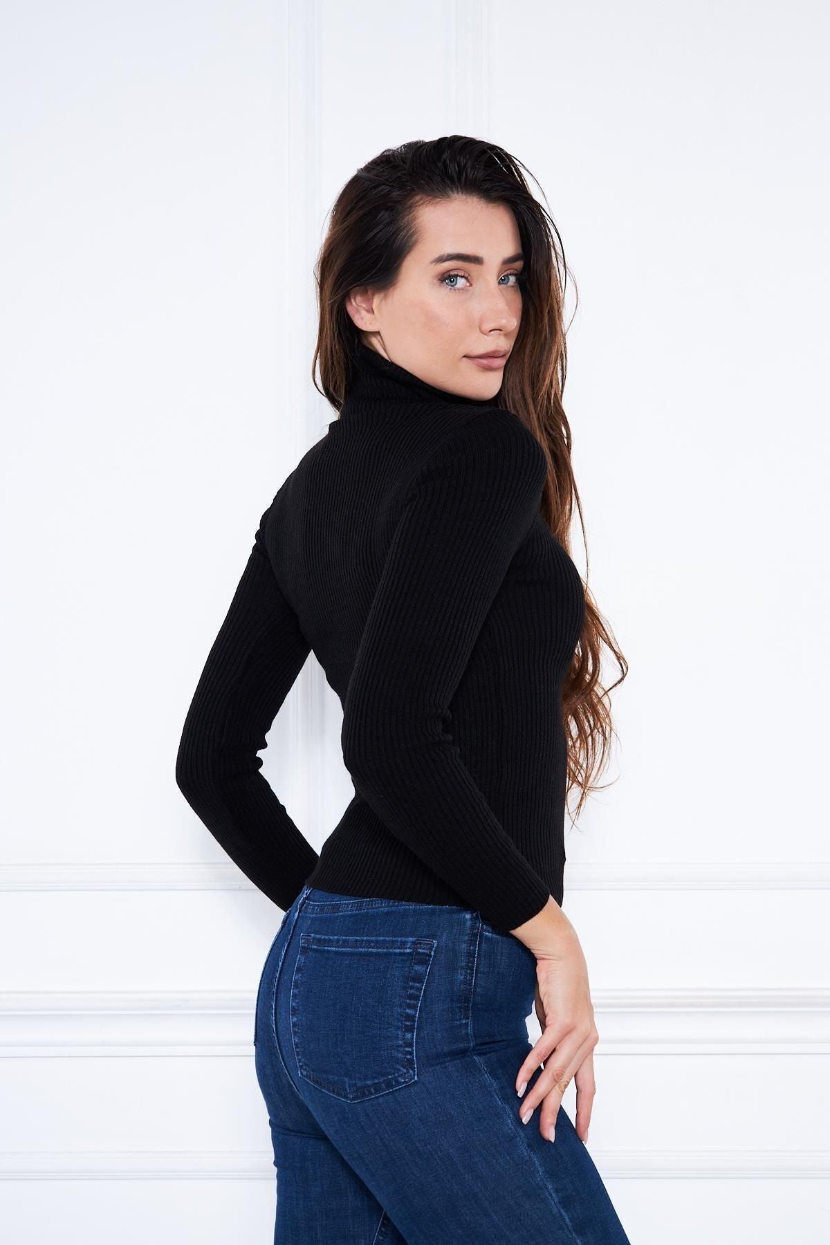 Kadın Günlük Balıkçı Yaka Boğazlı Siyah Fitilli Kazak