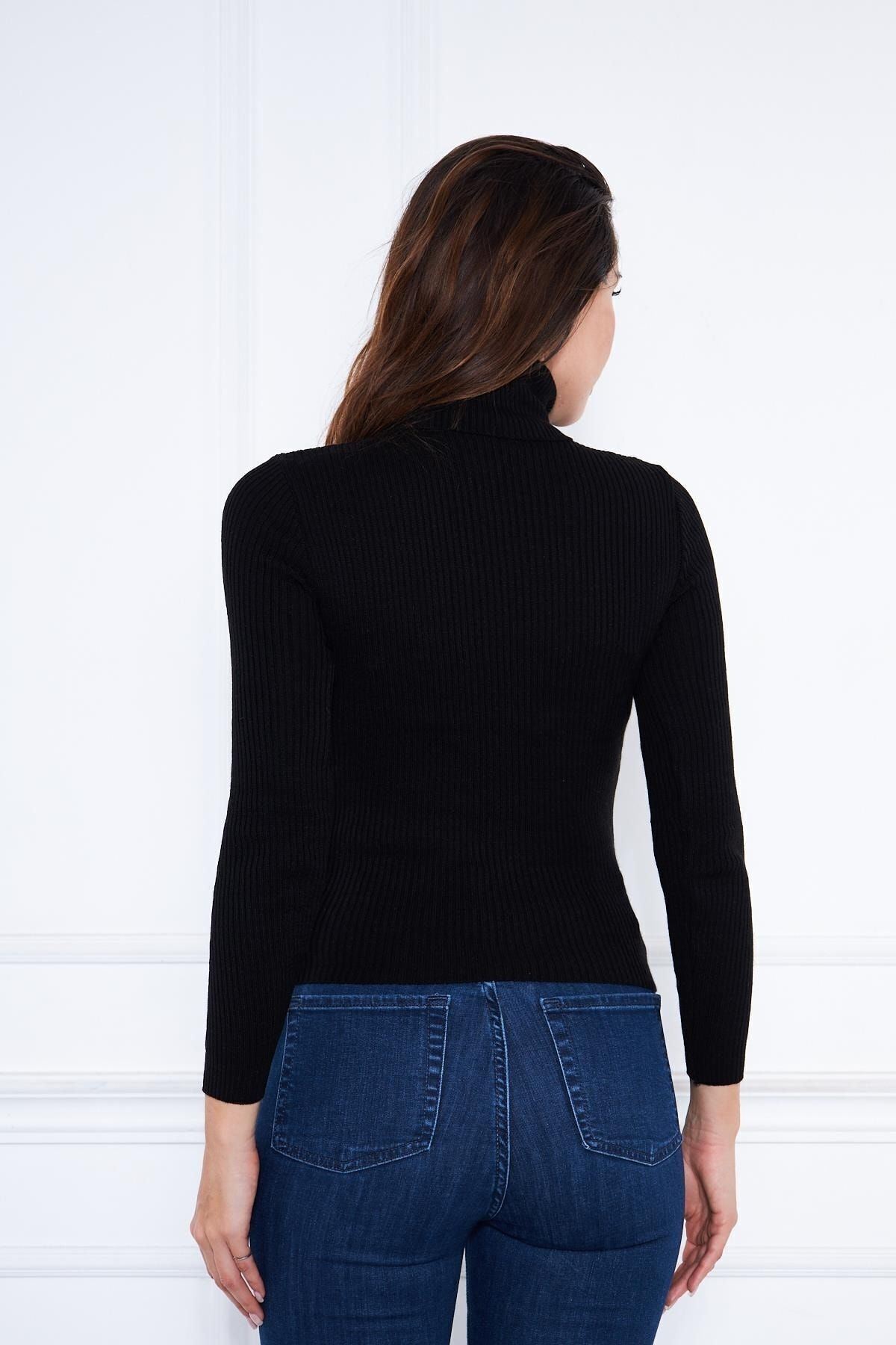 Kadın Günlük Balıkçı Yaka Boğazlı Siyah Fitilli Kazak