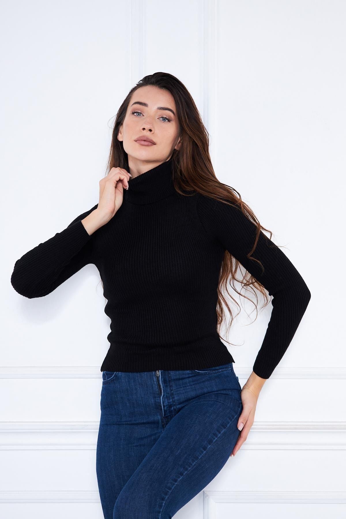 Kadın Günlük Balıkçı Yaka Boğazlı Siyah Fitilli Kazak