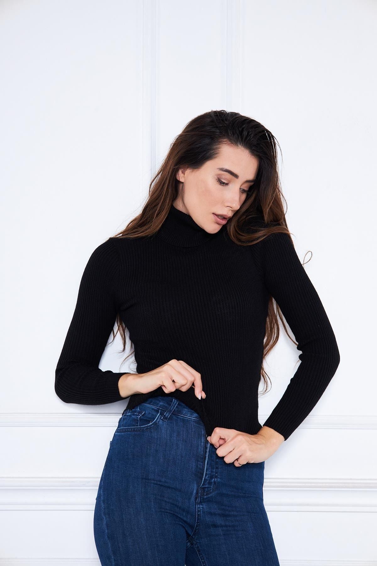 Kadın Günlük Balıkçı Yaka Boğazlı Siyah Fitilli Kazak