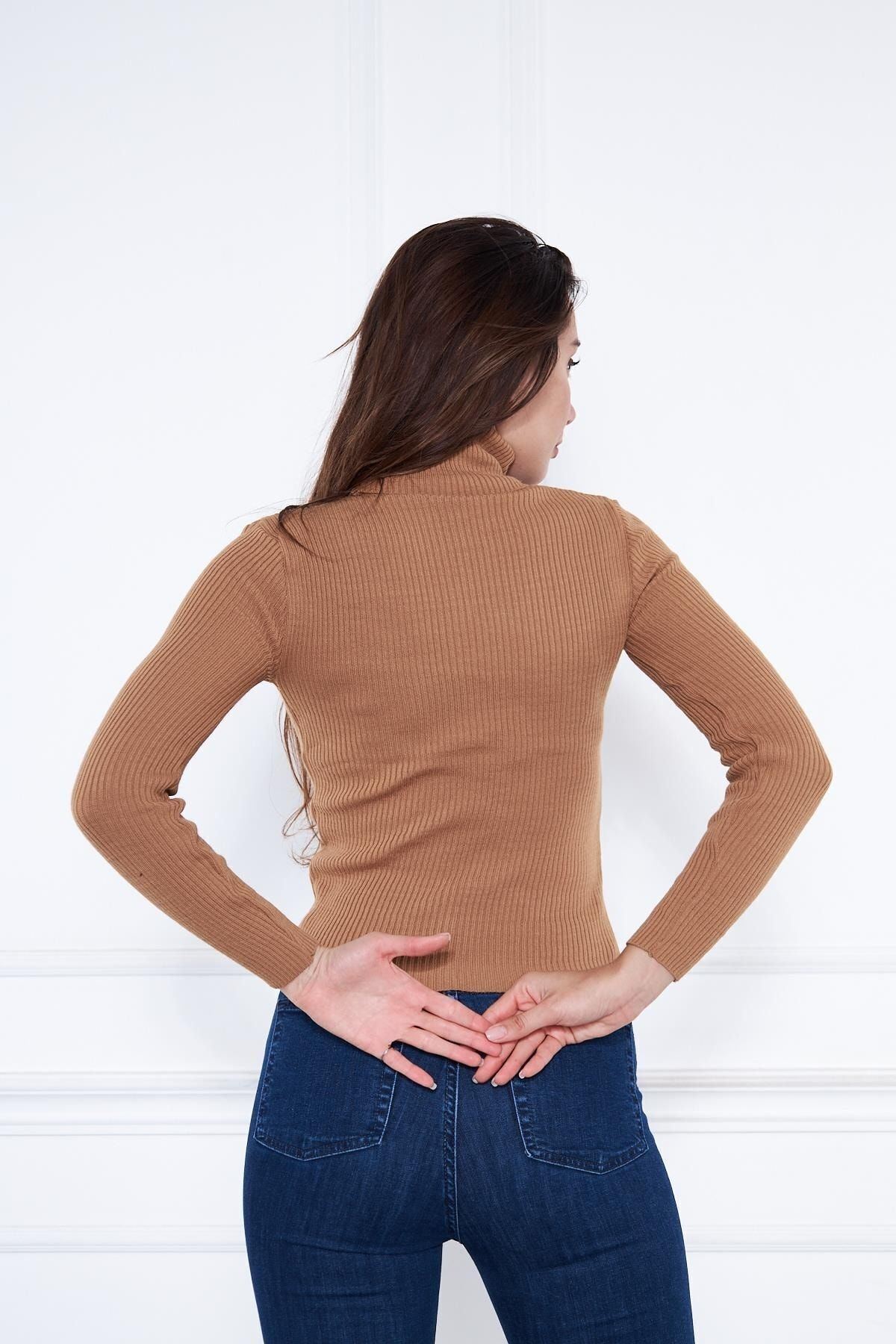 Kadın Günlük Balıkçı Yaka Boğazlı Camel Fitilli Kazak