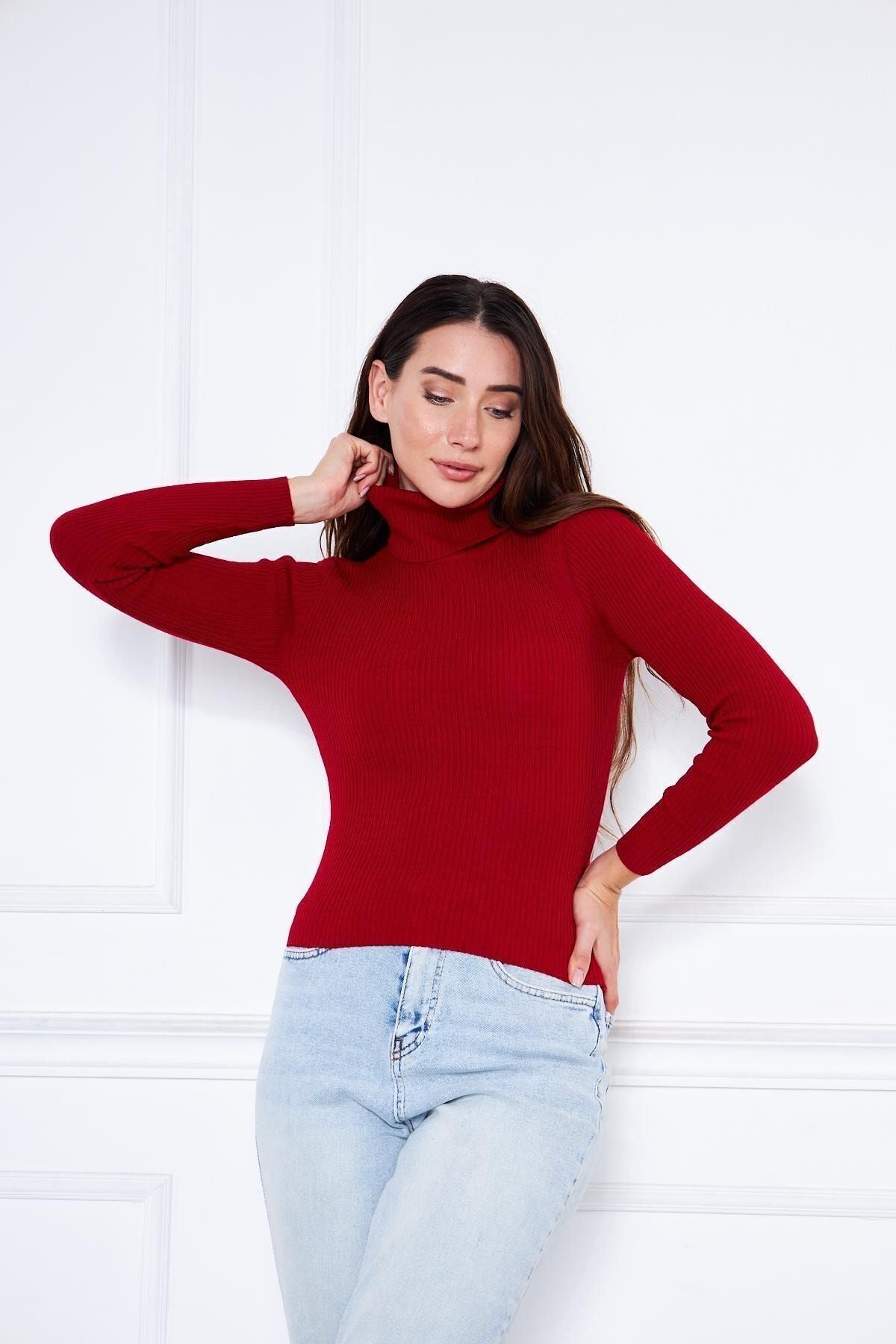 Kadın Günlük Balıkçı Yaka Boğazlı Bordo Fitilli Kazak