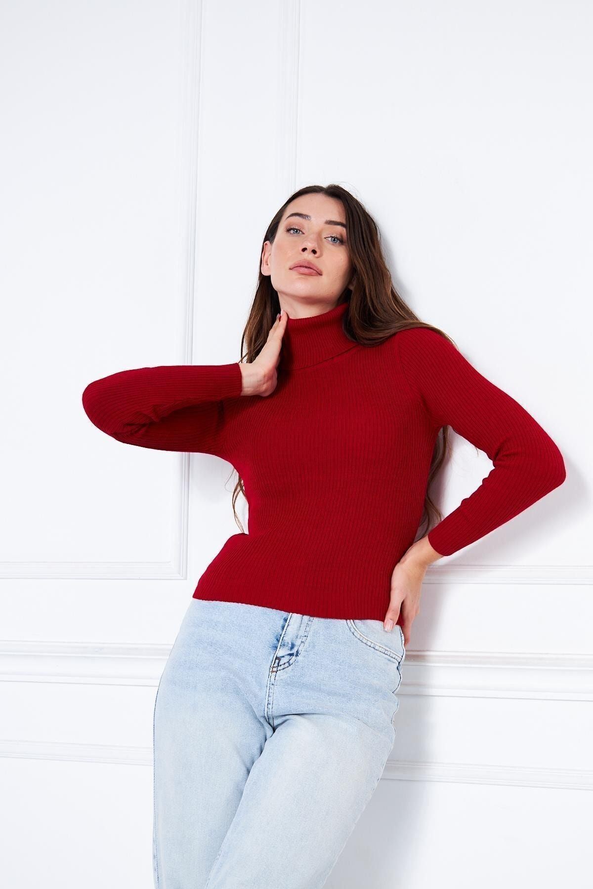 Kadın Günlük Balıkçı Yaka Boğazlı Bordo Fitilli Kazak