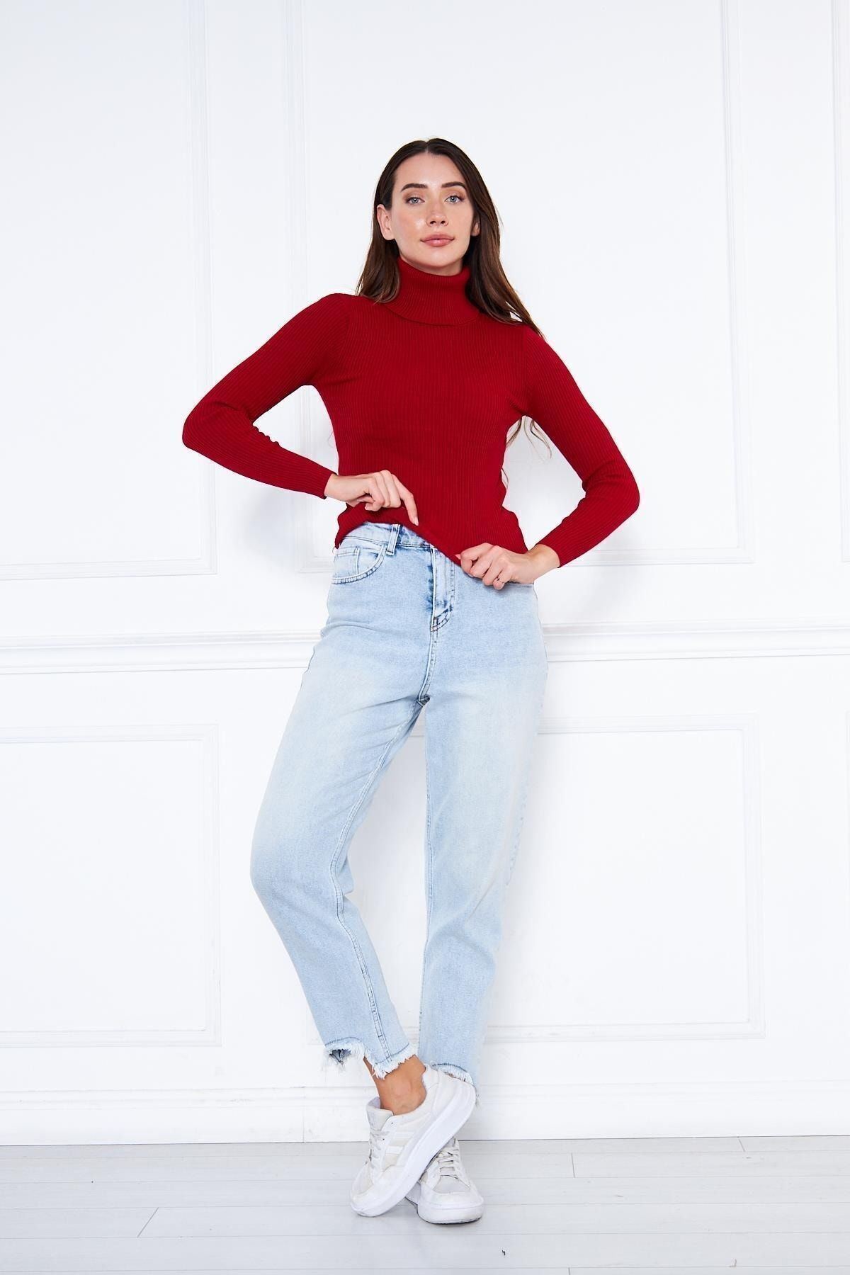 Kadın Günlük Balıkçı Yaka Boğazlı Bordo Fitilli Kazak