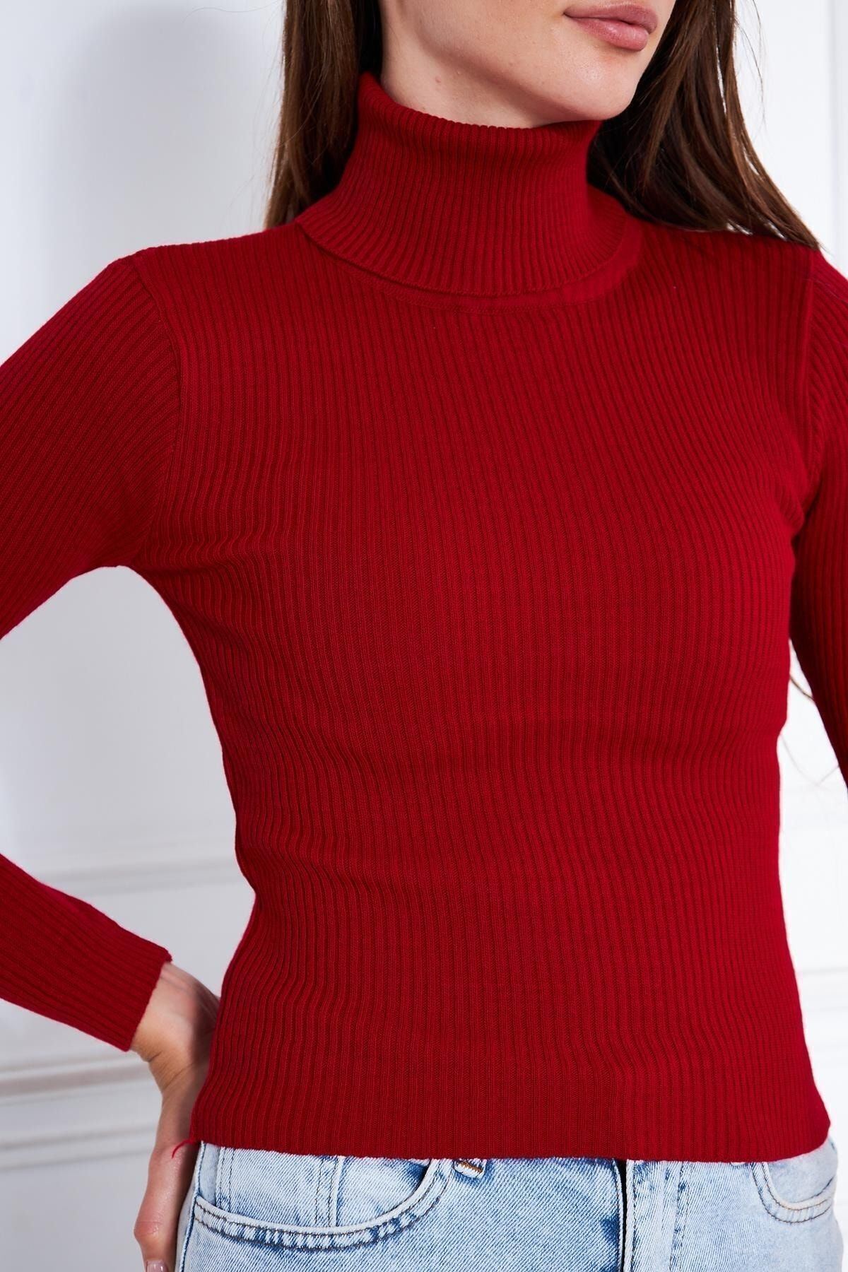 Kadın Günlük Balıkçı Yaka Boğazlı Bordo Fitilli Kazak