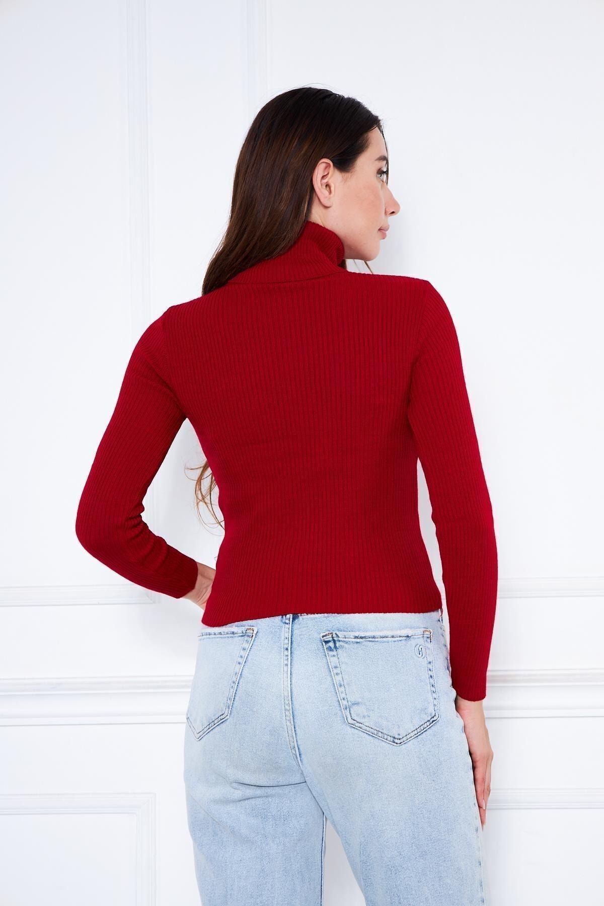 Kadın Günlük Balıkçı Yaka Boğazlı Bordo Fitilli Kazak