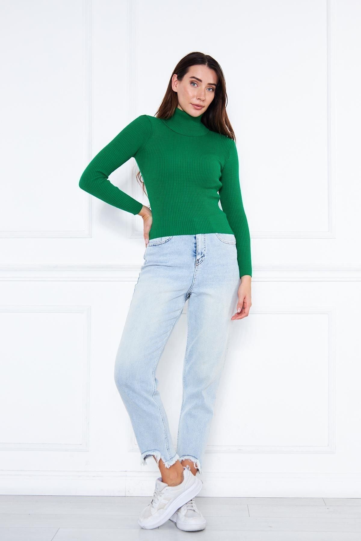 Kadın Günlük Balıkçı Yaka Boğazlı Yeşil Fitilli Kazak