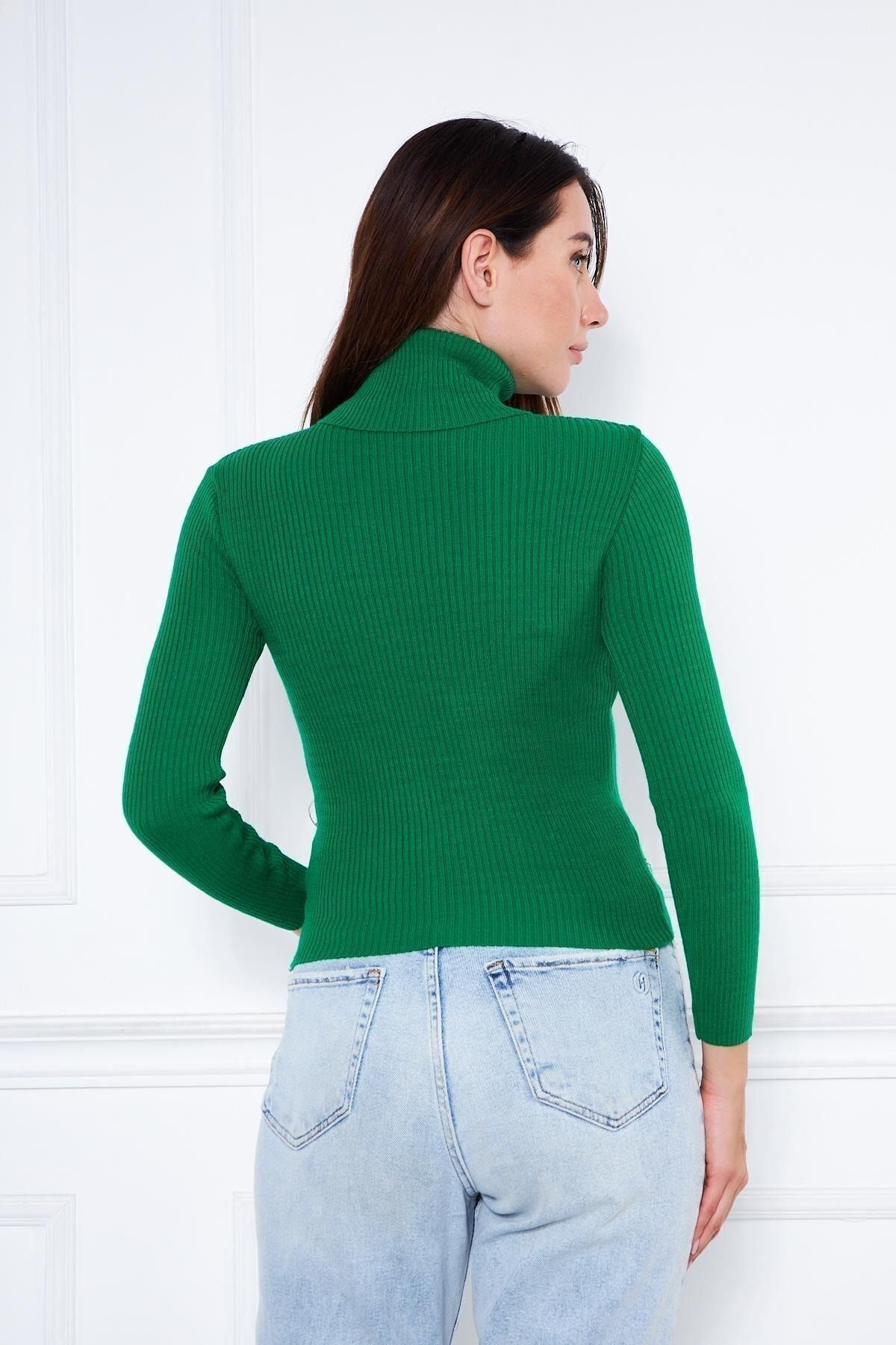 Kadın Günlük Balıkçı Yaka Boğazlı Yeşil Fitilli Kazak