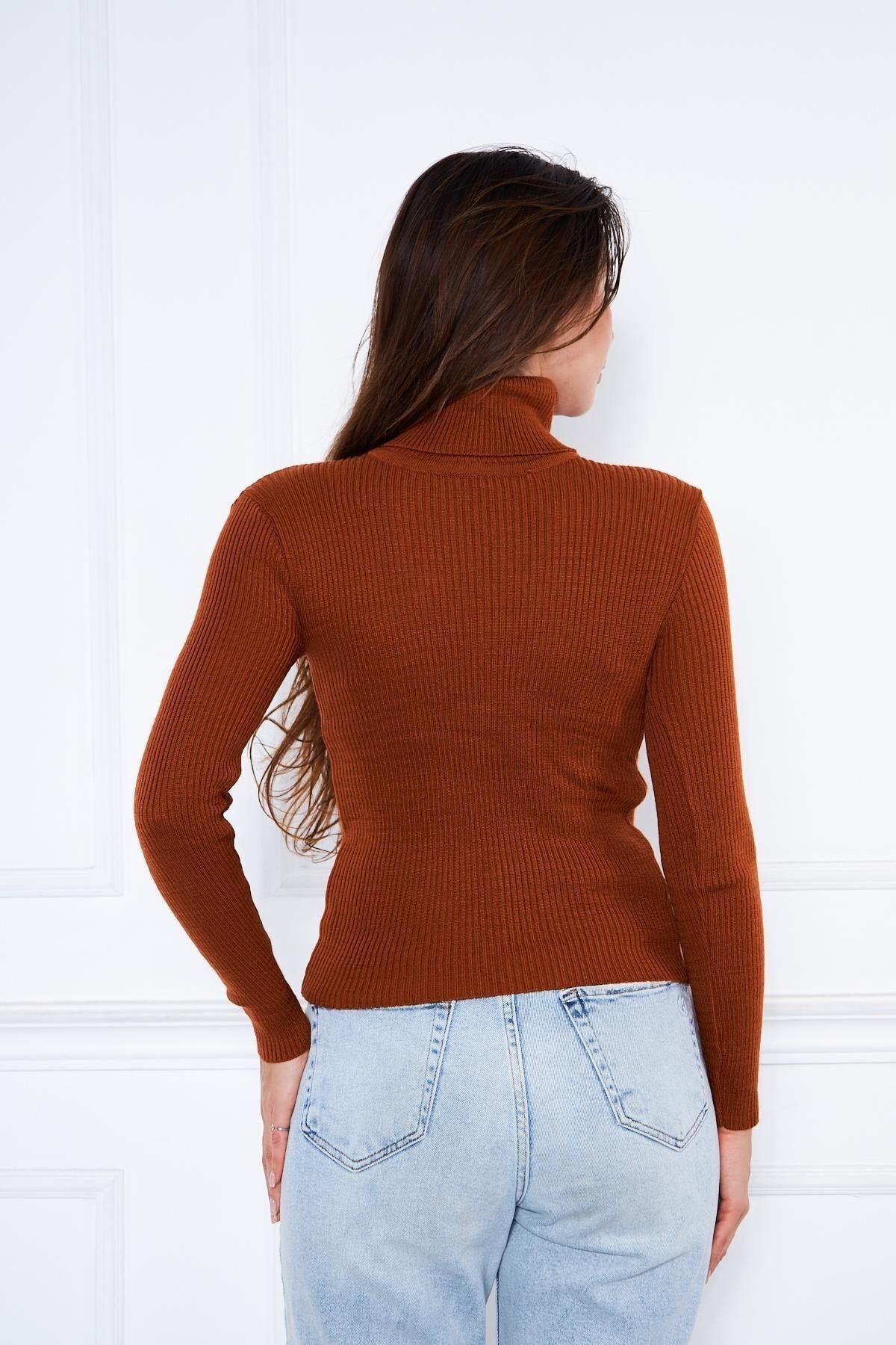 Kadın Günlük Balıkçı Yaka Boğazlı Kiremit Fitilli Kazak