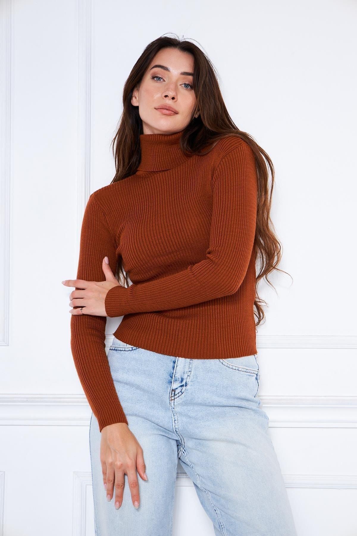 Kadın Günlük Balıkçı Yaka Boğazlı Kiremit Fitilli Kazak