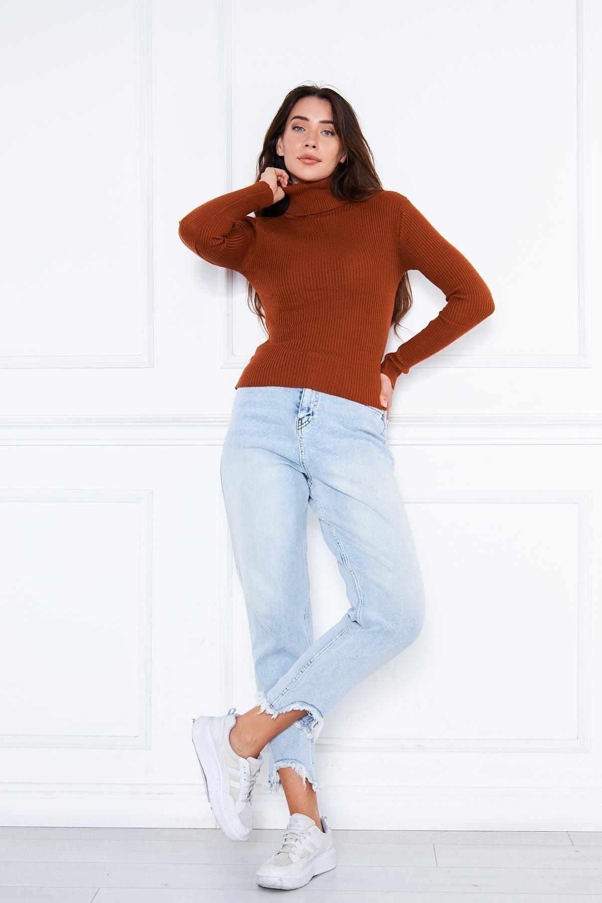 Kadın Günlük Balıkçı Yaka Boğazlı Kiremit Fitilli Kazak