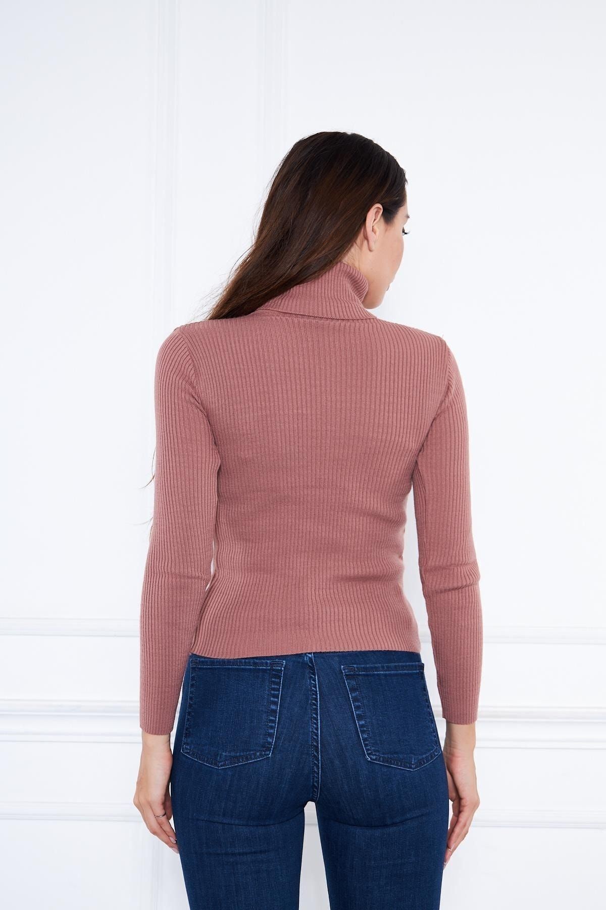 Kadın Günlük Balıkçı Yaka Boğazlı Pembe Fitilli Kazak