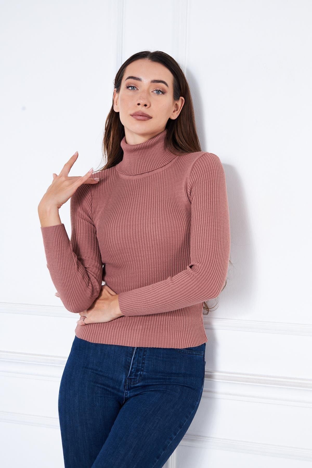 Kadın Günlük Balıkçı Yaka Boğazlı Pembe Fitilli Kazak