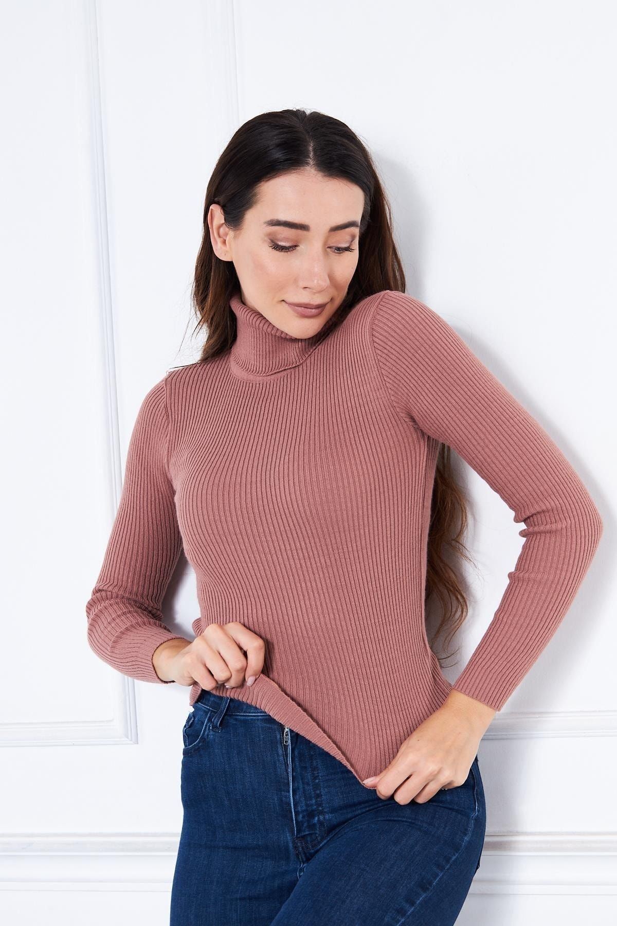 Kadın Günlük Balıkçı Yaka Boğazlı Pembe Fitilli Kazak