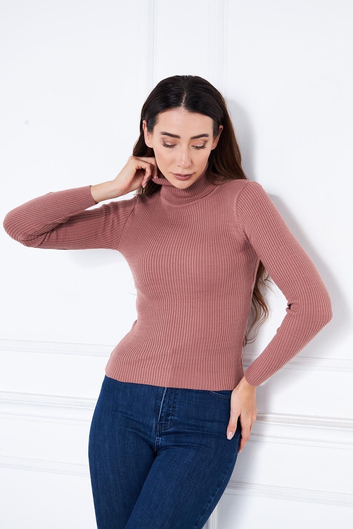 Kadın Günlük Balıkçı Yaka Boğazlı Pembe Fitilli Kazak