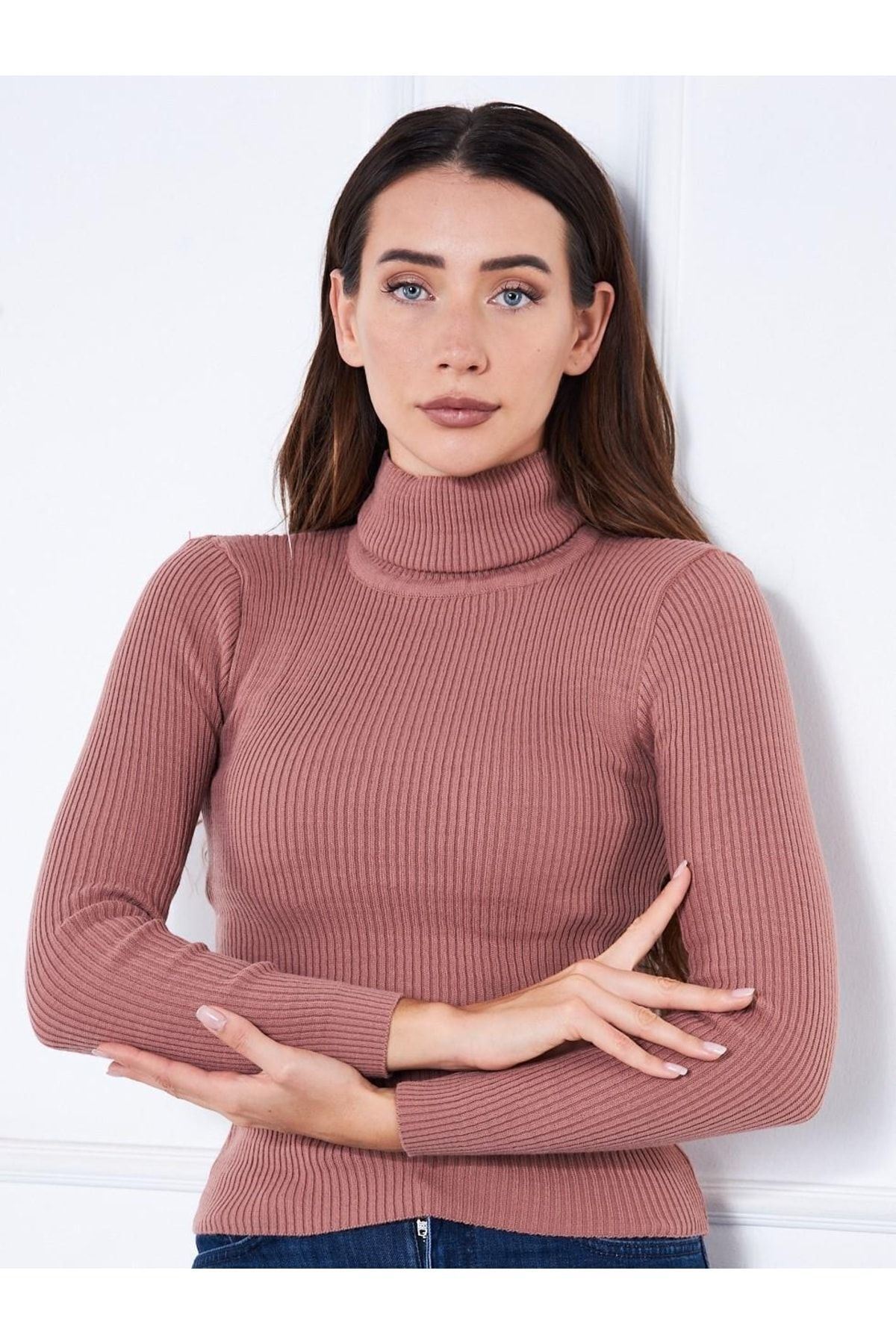 Kadın Günlük Balıkçı Yaka Boğazlı Pembe Fitilli Kazak