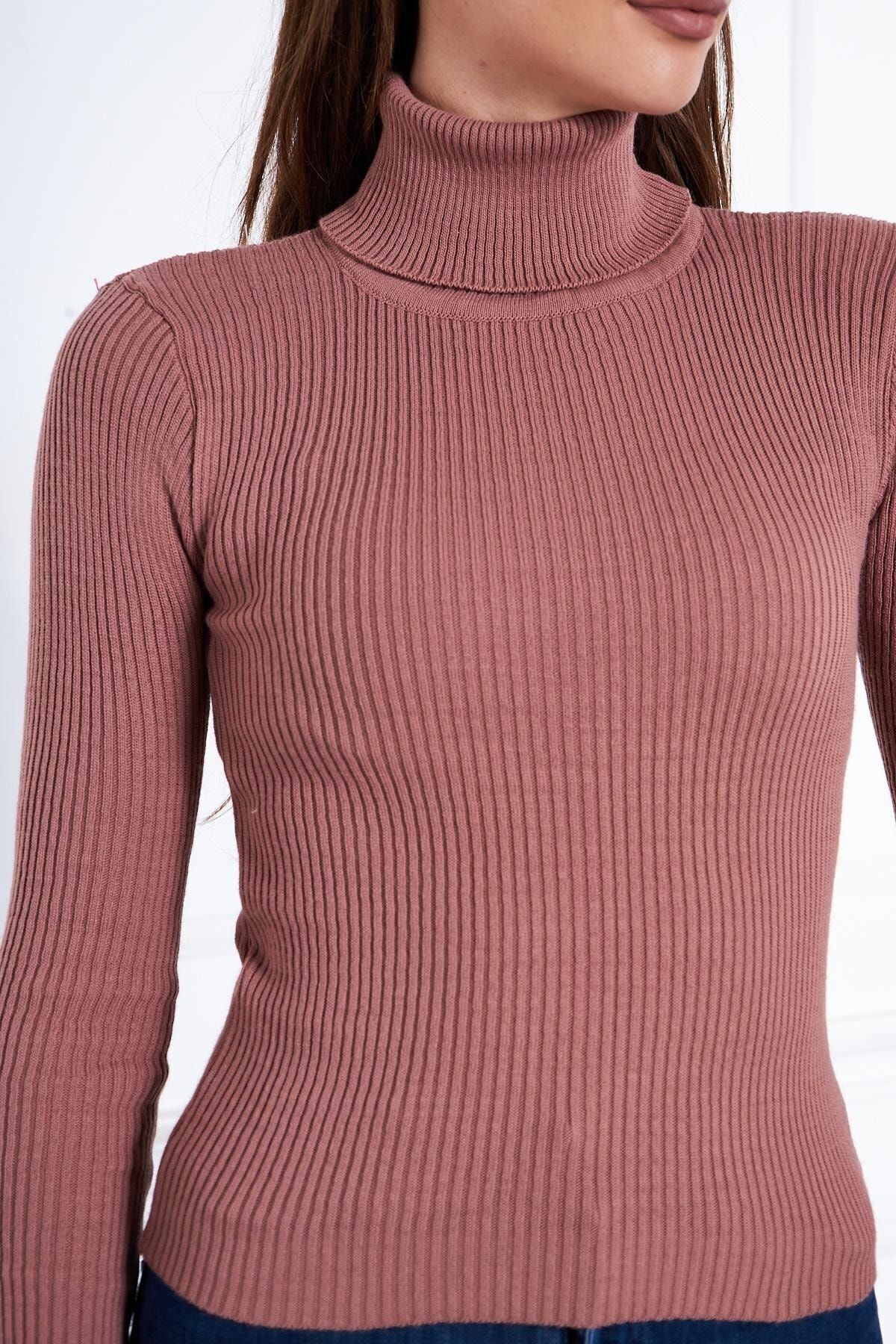 Kadın Günlük Balıkçı Yaka Boğazlı Pembe Fitilli Kazak