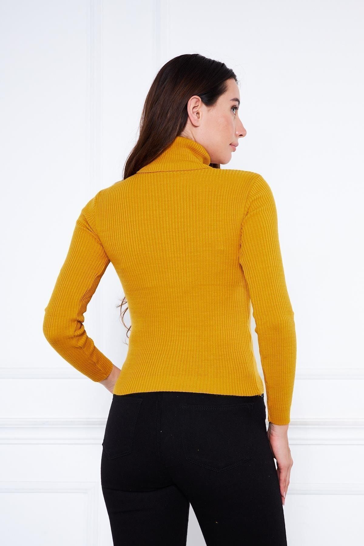 Kadın Günlük Balıkçı Yaka Boğazlı Sarı Fitilli Kazak